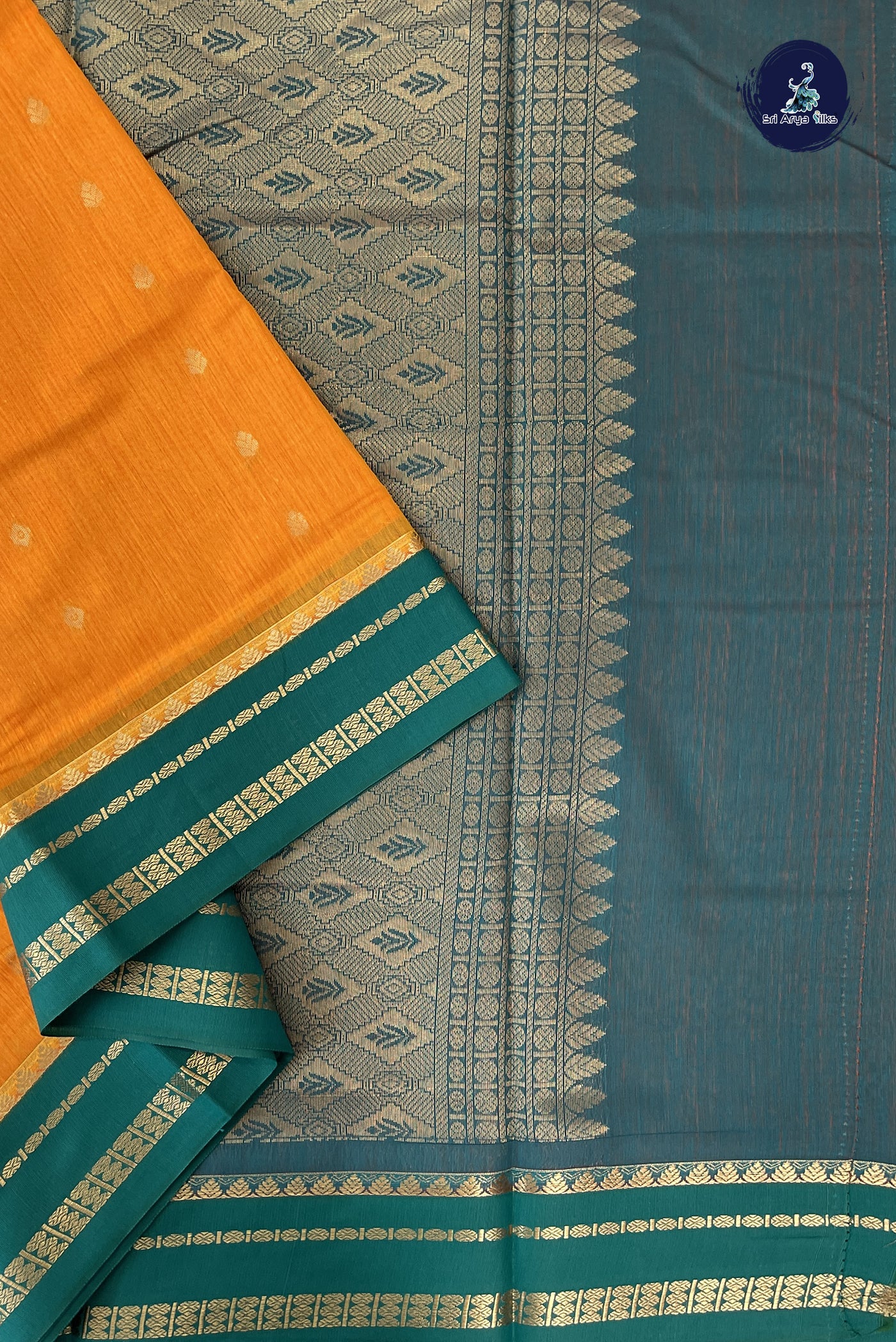 Yellowish Orange Madisar Semi Silk Cotton Saree With Zari Buttas Pattern