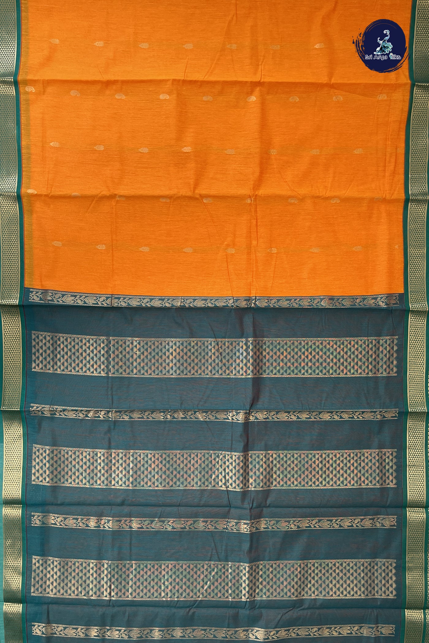Yellowish Orange Madisar Semi Silk Cotton Saree With Zari Buttas Pattern