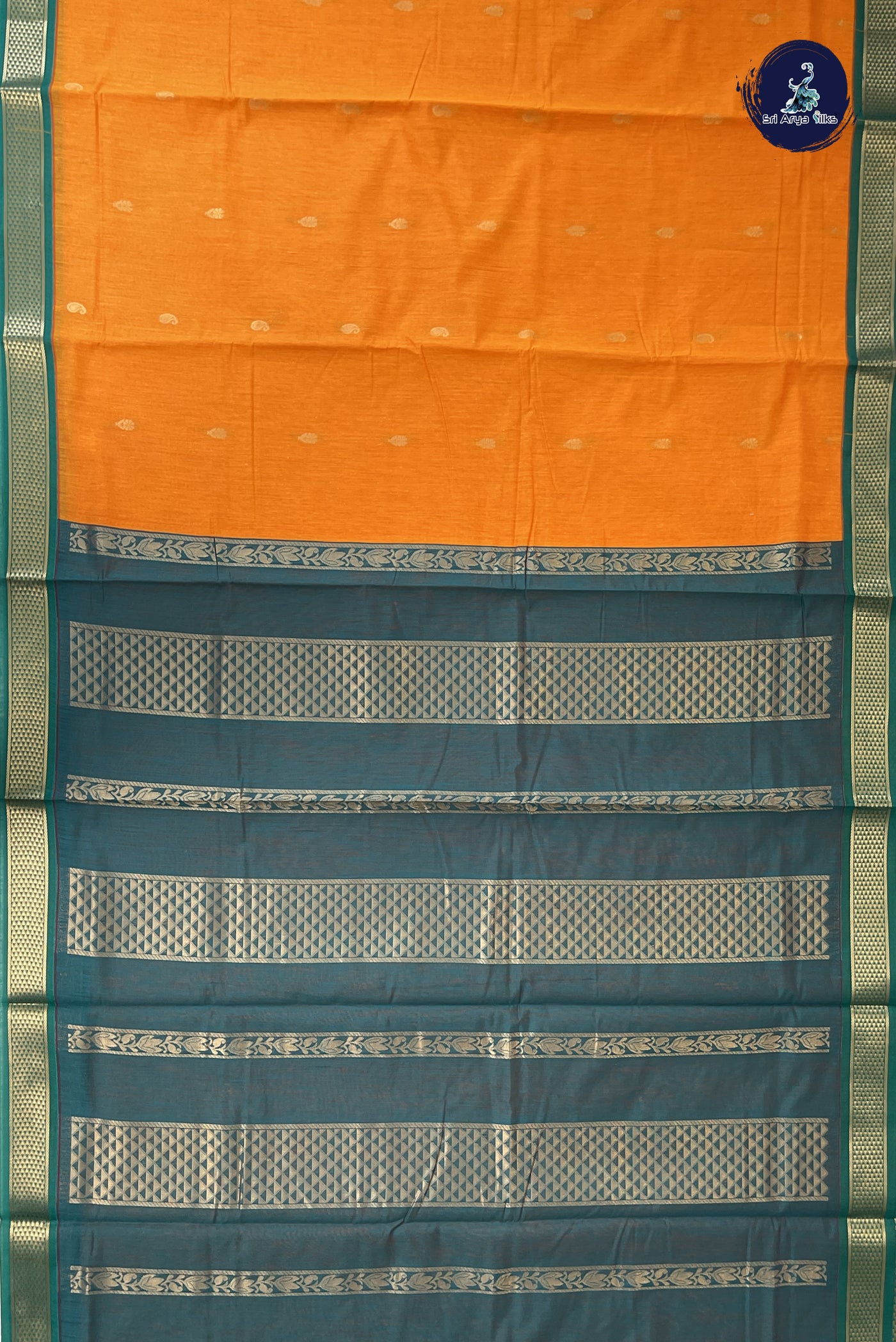 Yellowish Orange Madisar Semi Silk Cotton Saree With Zari Buttas Pattern