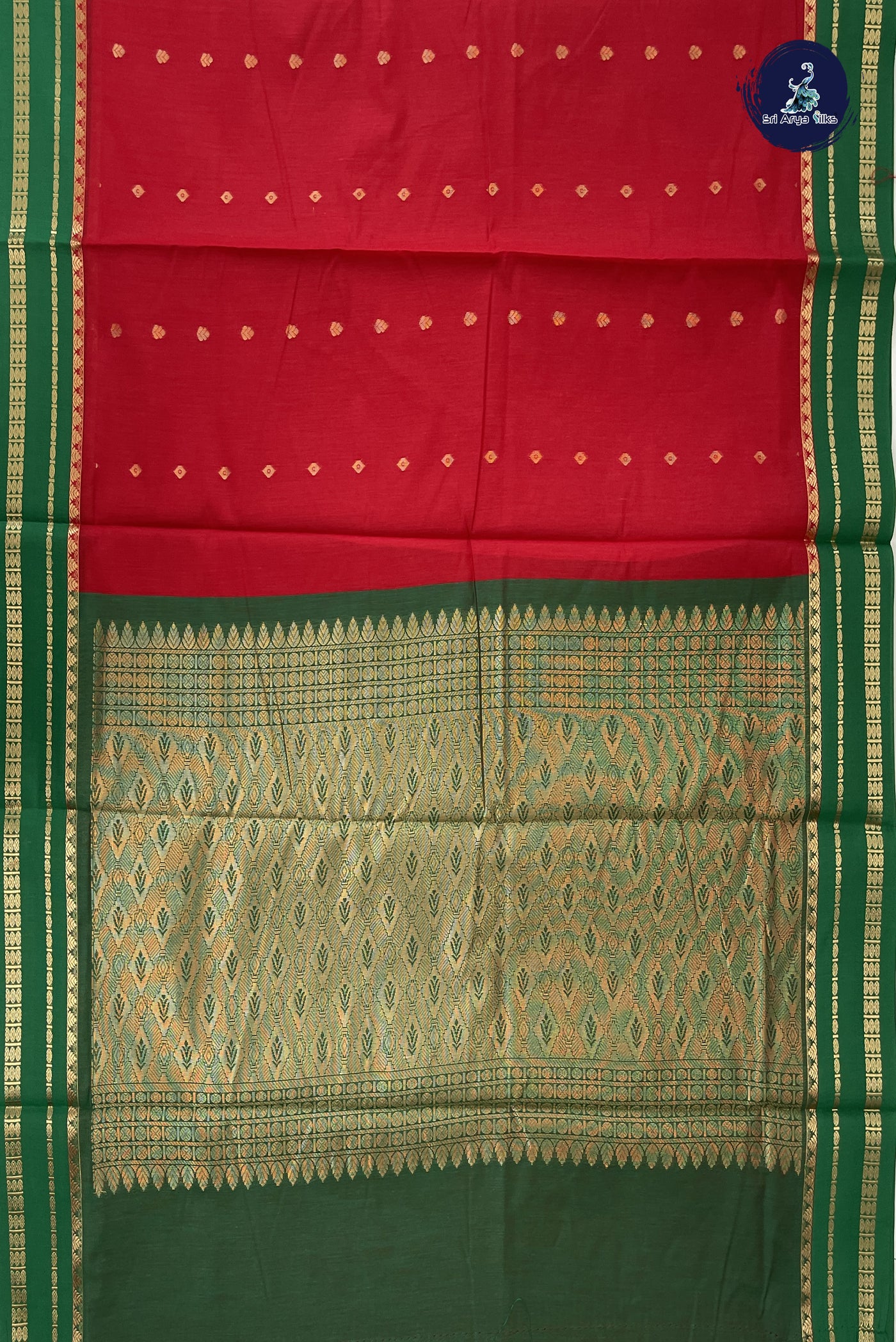 Red Madisar Semi Silk Cotton Saree With Zari Buttas Pattern