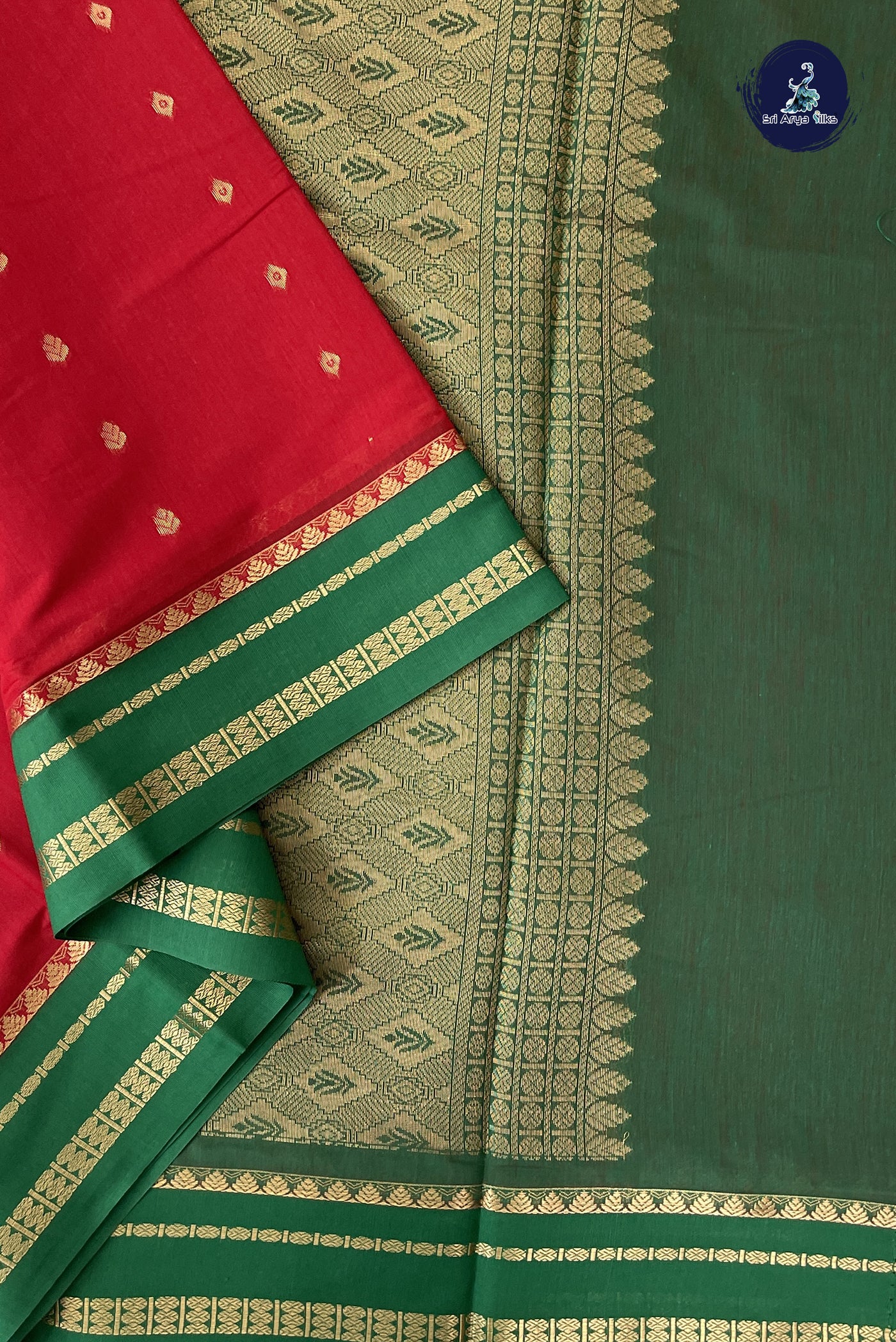 Red Madisar Semi Silk Cotton Saree With Zari Buttas Pattern
