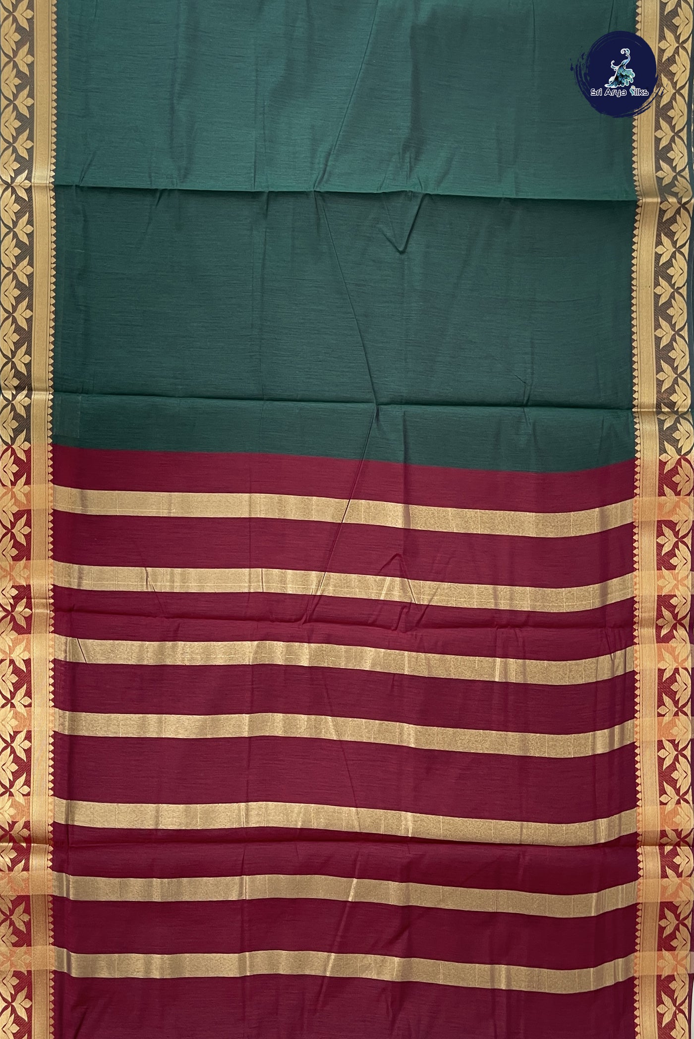 Dark Green Madisar Semi Silk Cotton Saree With Plain Pattern