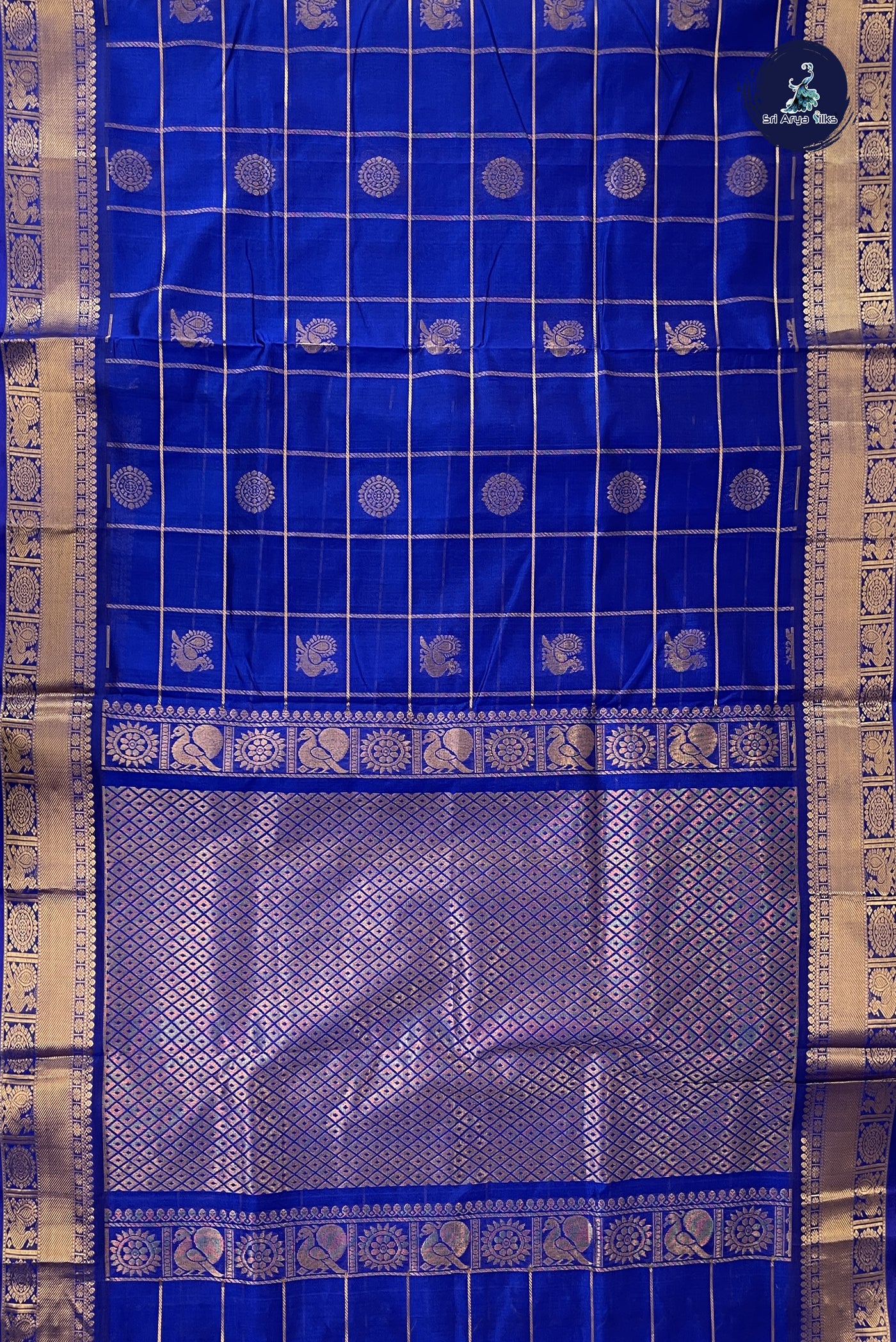 Royal Blue 10 Yards Silk Cotton Saree With Zari Checked Pattern