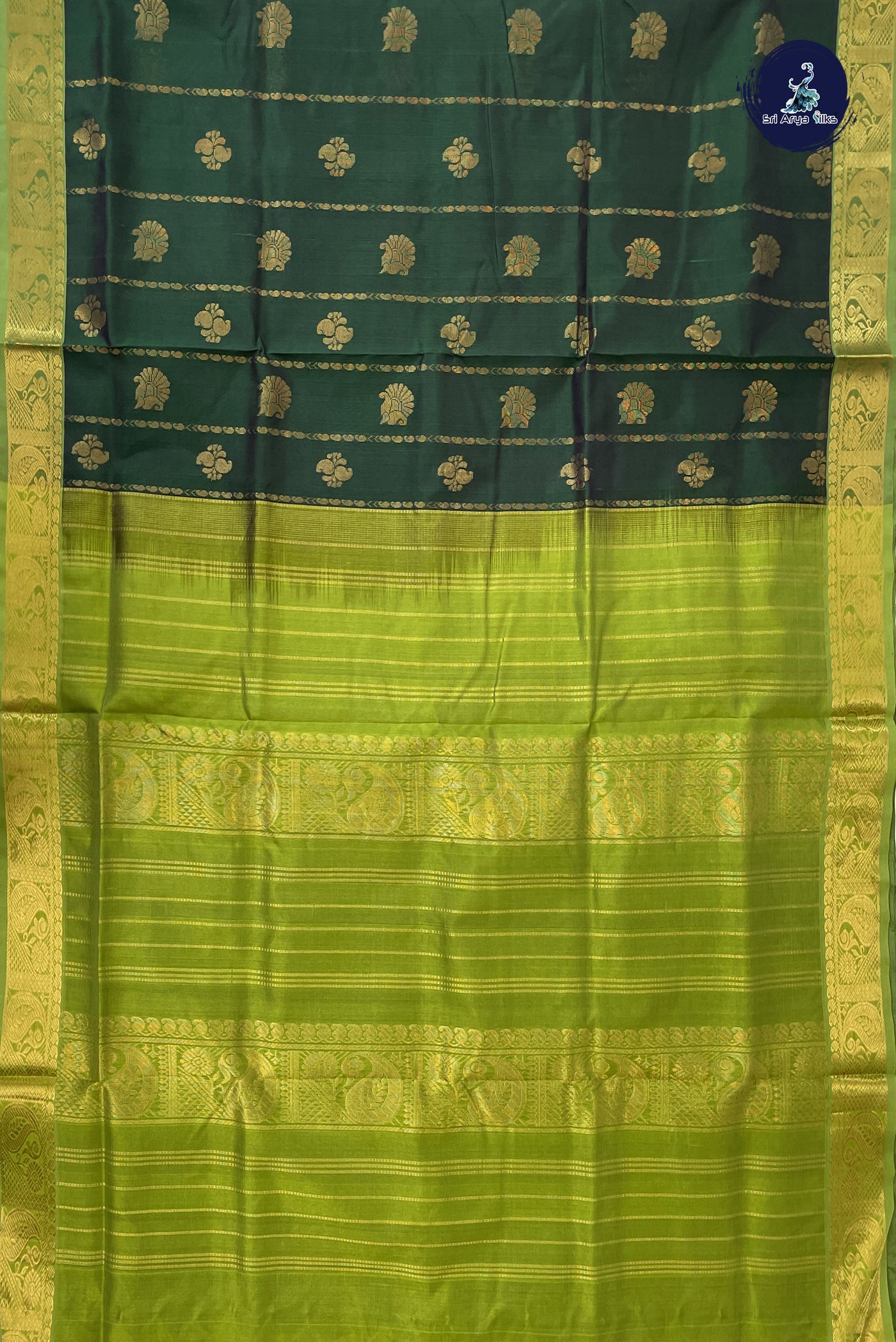 Green 10 Yards Silk Cotton Saree With Stripes Pattern