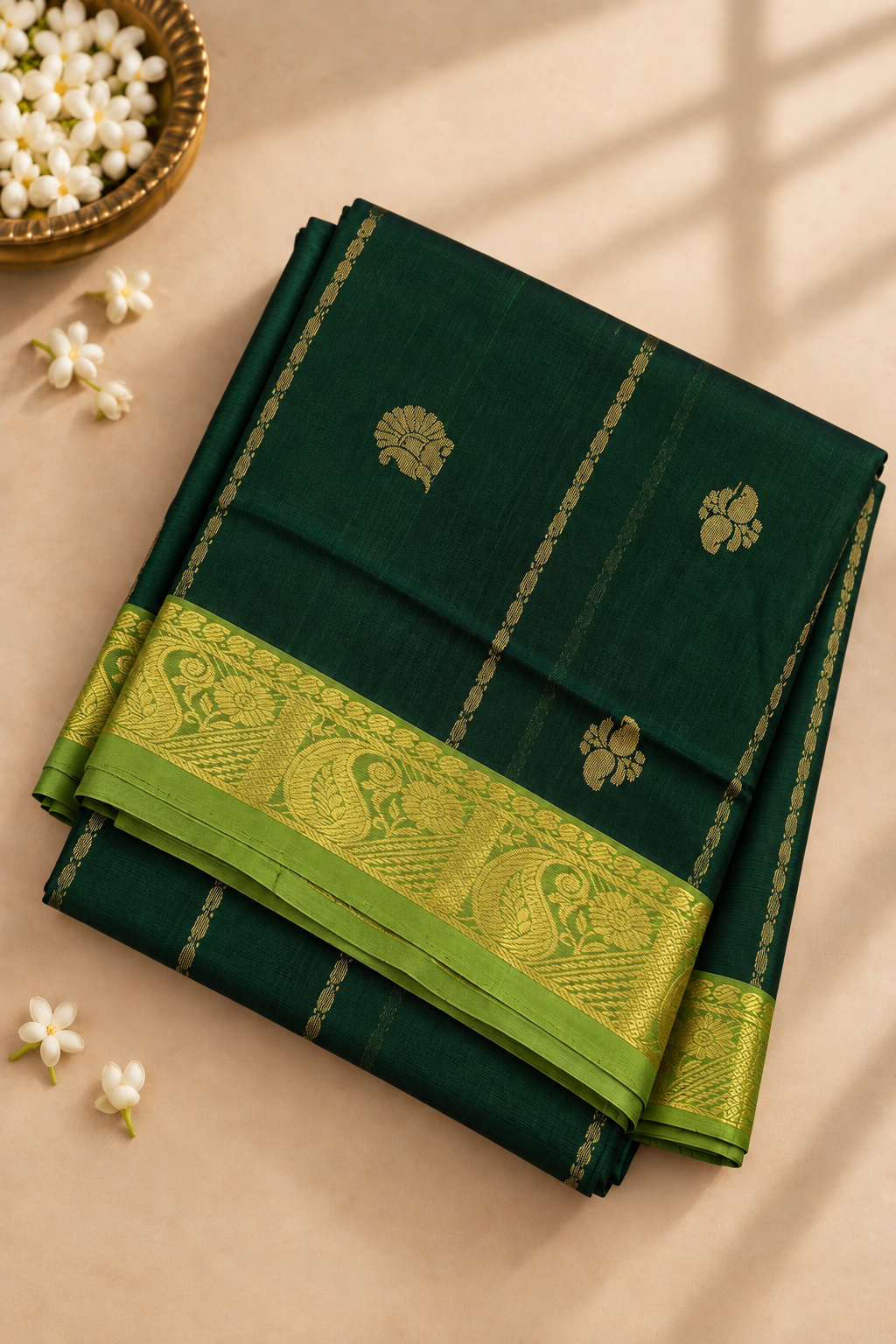 Green 10 Yards Silk Cotton Saree With Stripes Pattern