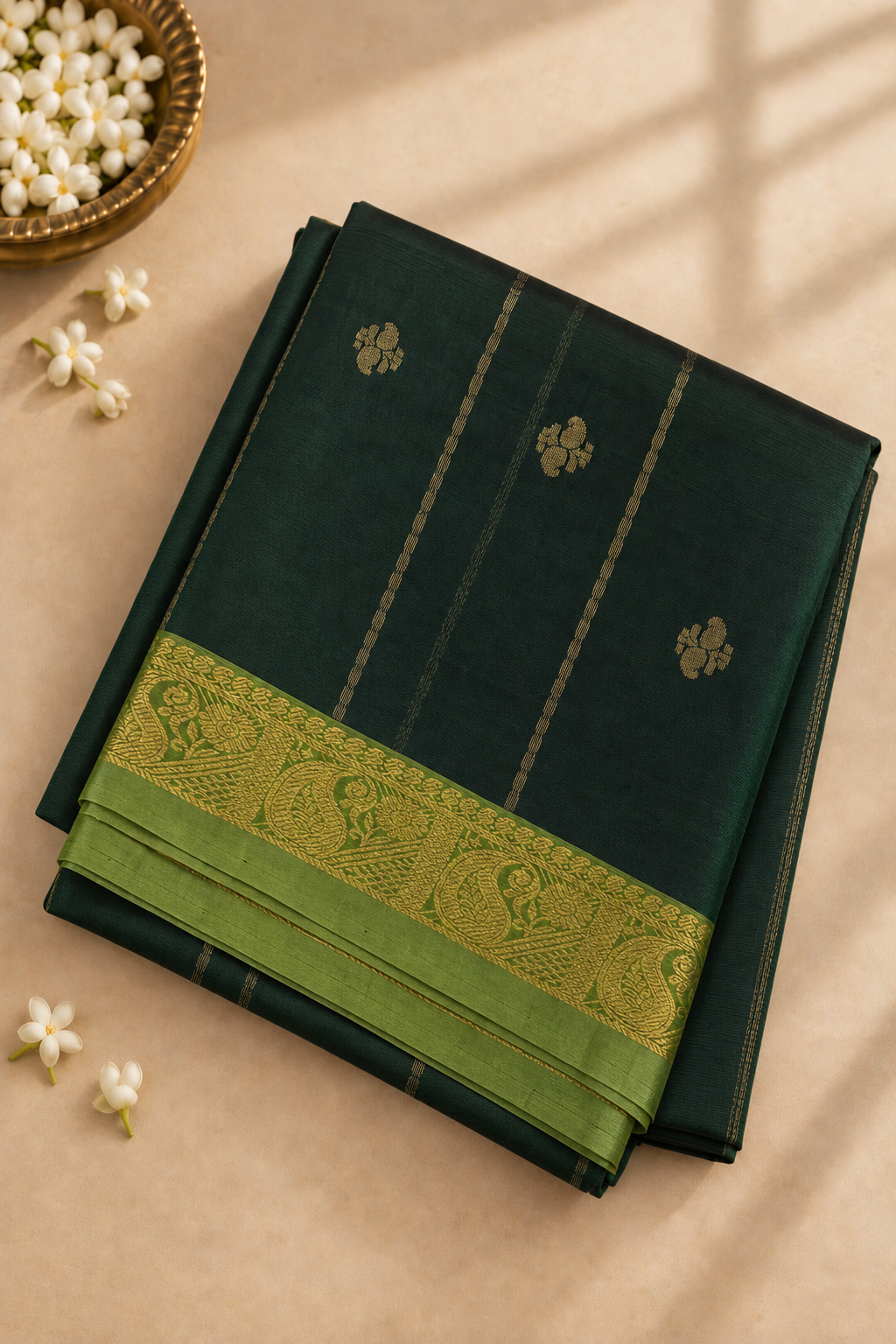 Green 10 Yards Silk Cotton Saree With Stripes Pattern