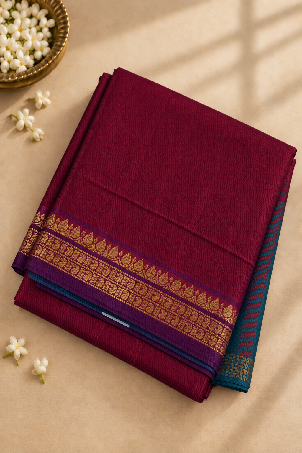 Maroon Madisar Half pure Silk Cotton Saree With Plain Pattern