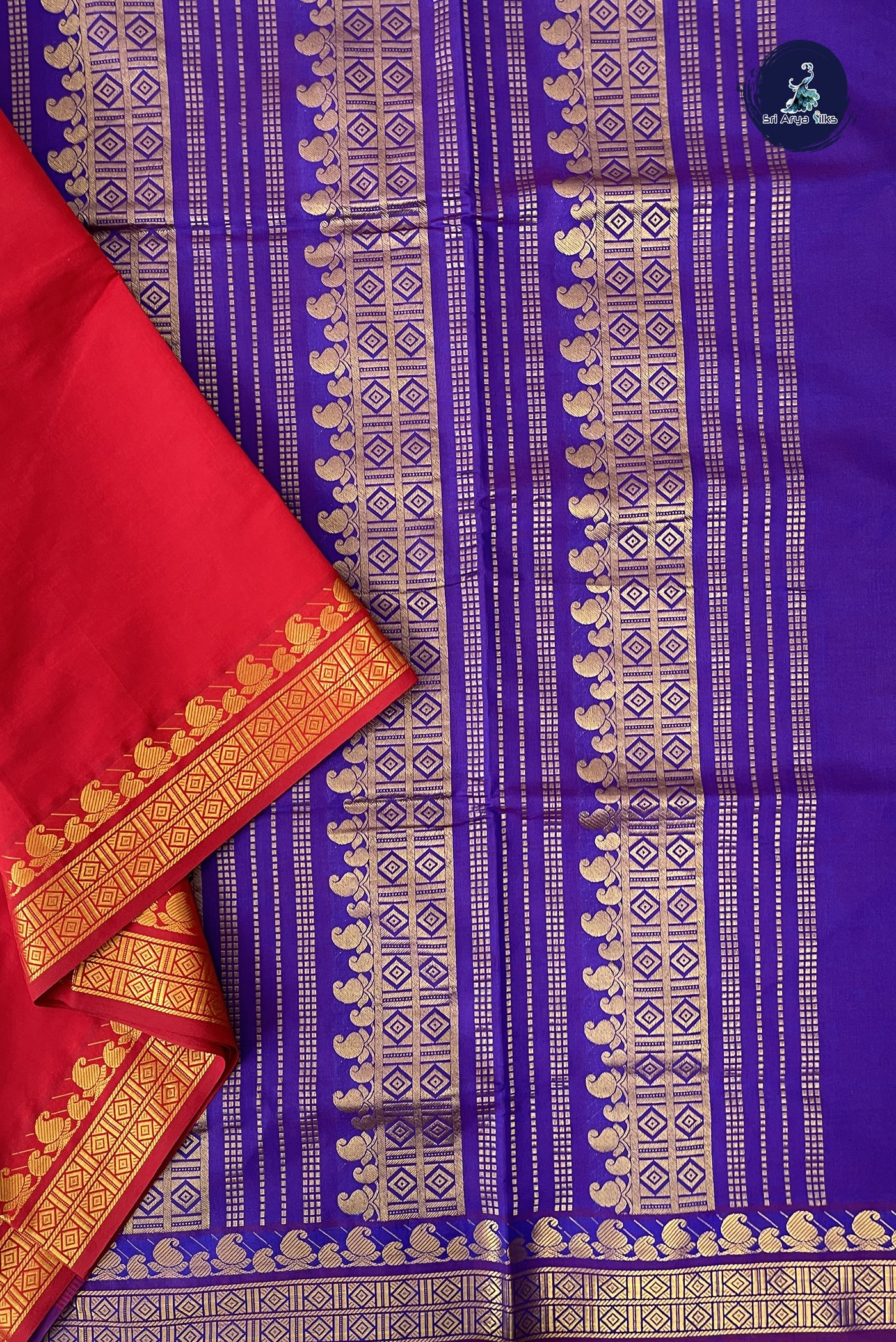 Red Madisar Semi Silk Cotton Saree With Plain Pattern