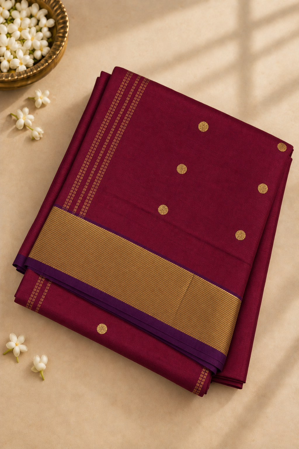 Maroon Madisar Half pure Silk Cotton Saree With Zari Buttas Pattern