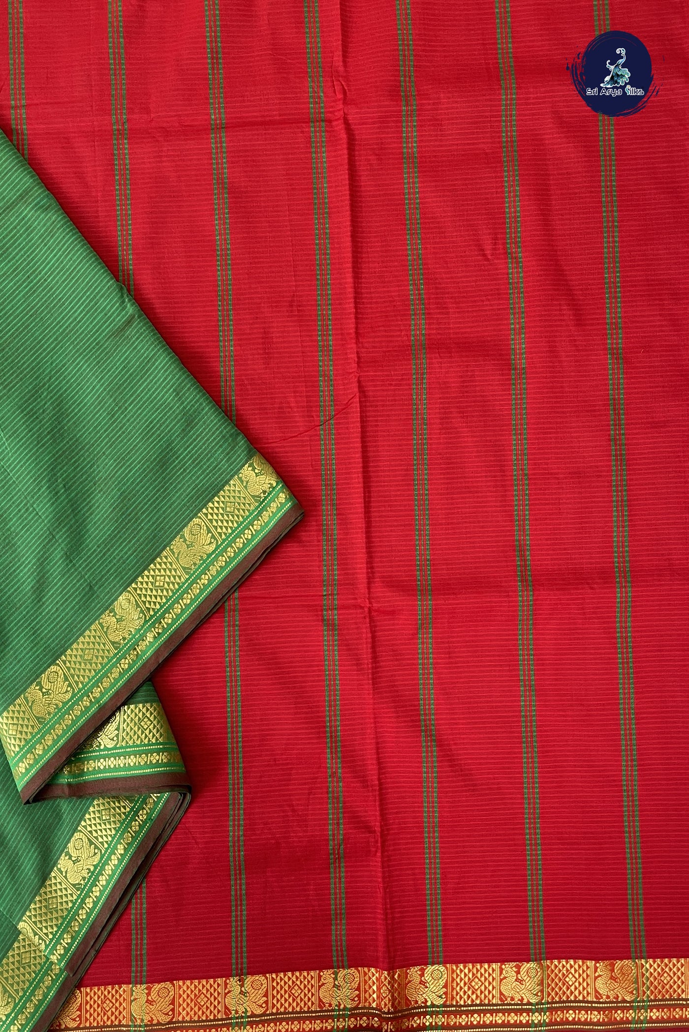 Green Madisar Semi Silk Cotton Saree With Doria Lines Pattern