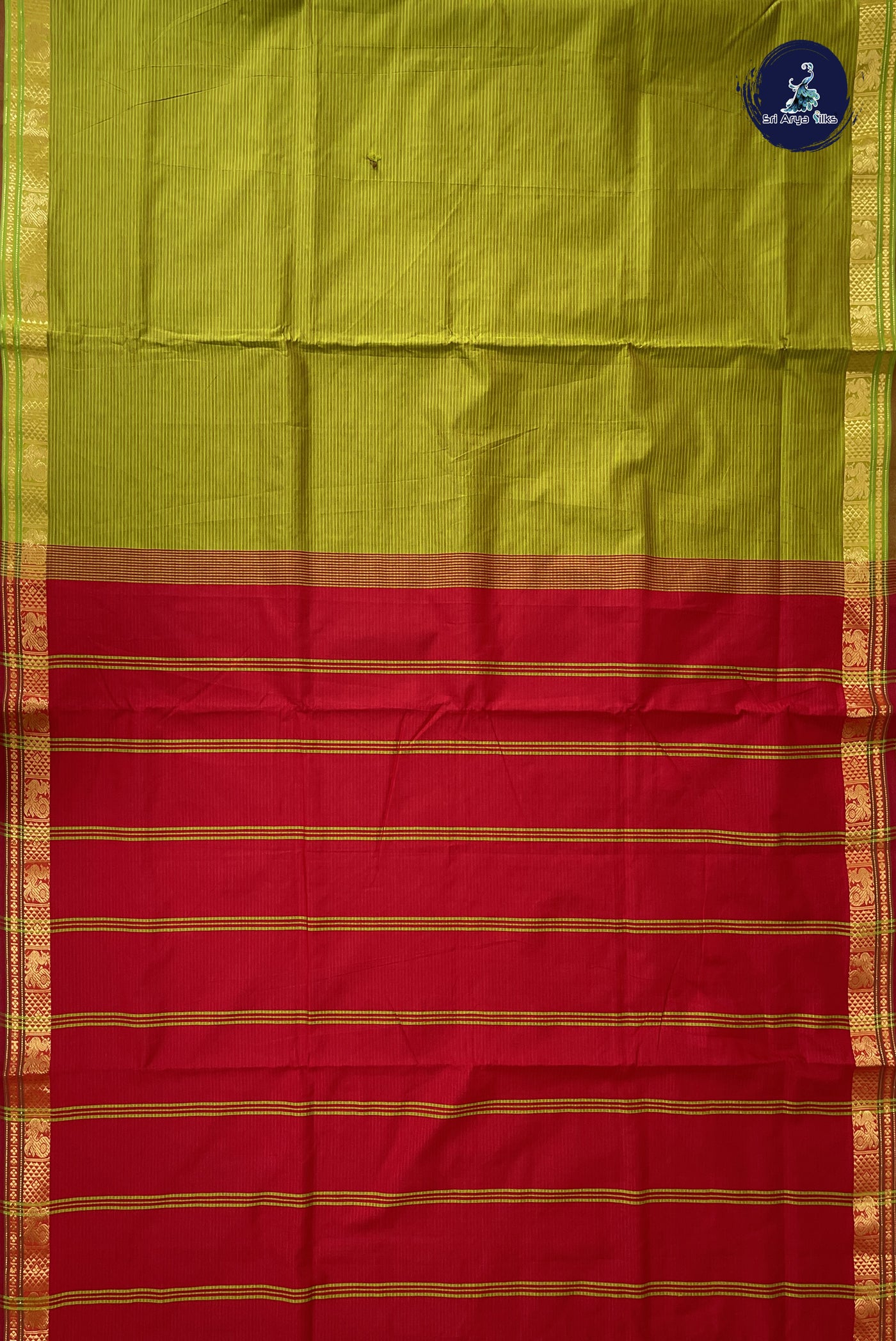 Lime Green Madisar Semi Silk Cotton Saree With Doria Lines Pattern