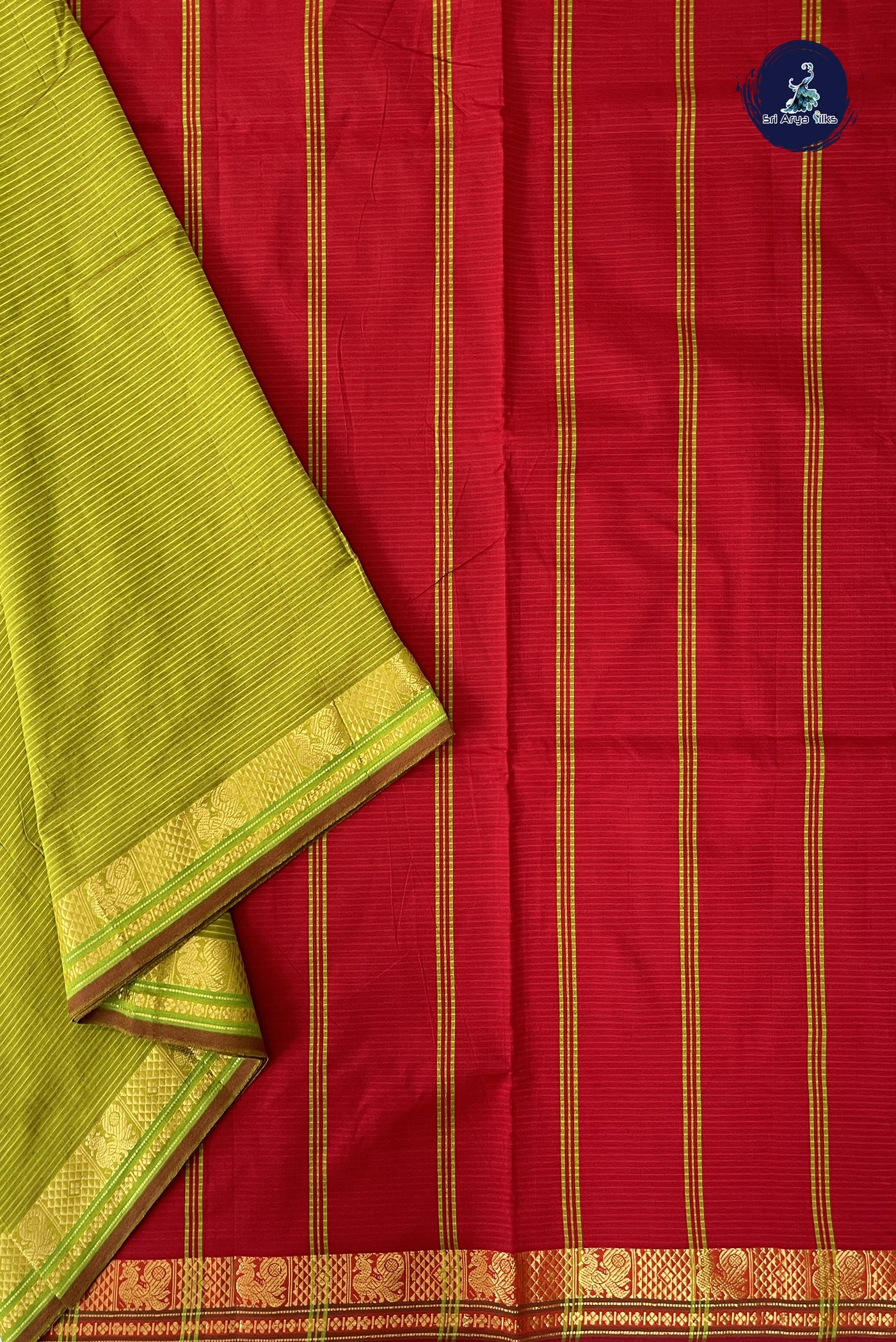 Lime Green Madisar Semi Silk Cotton Saree With Doria Lines Pattern