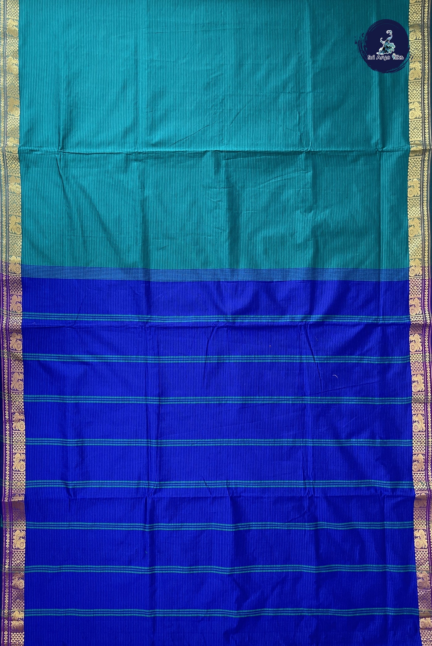 Sapphire Green Madisar Semi Silk Cotton Saree With Doria Lines Pattern
