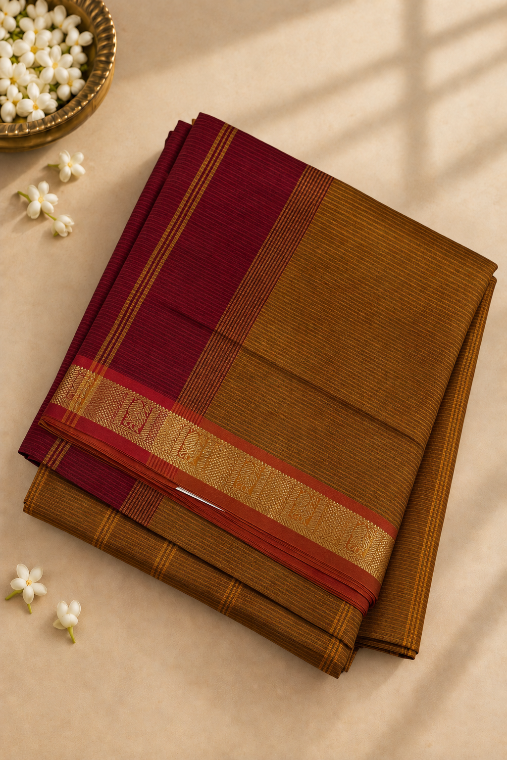 Mustard Yellow Madisar Half pure Silk Cotton Saree With Doria Lines Pattern