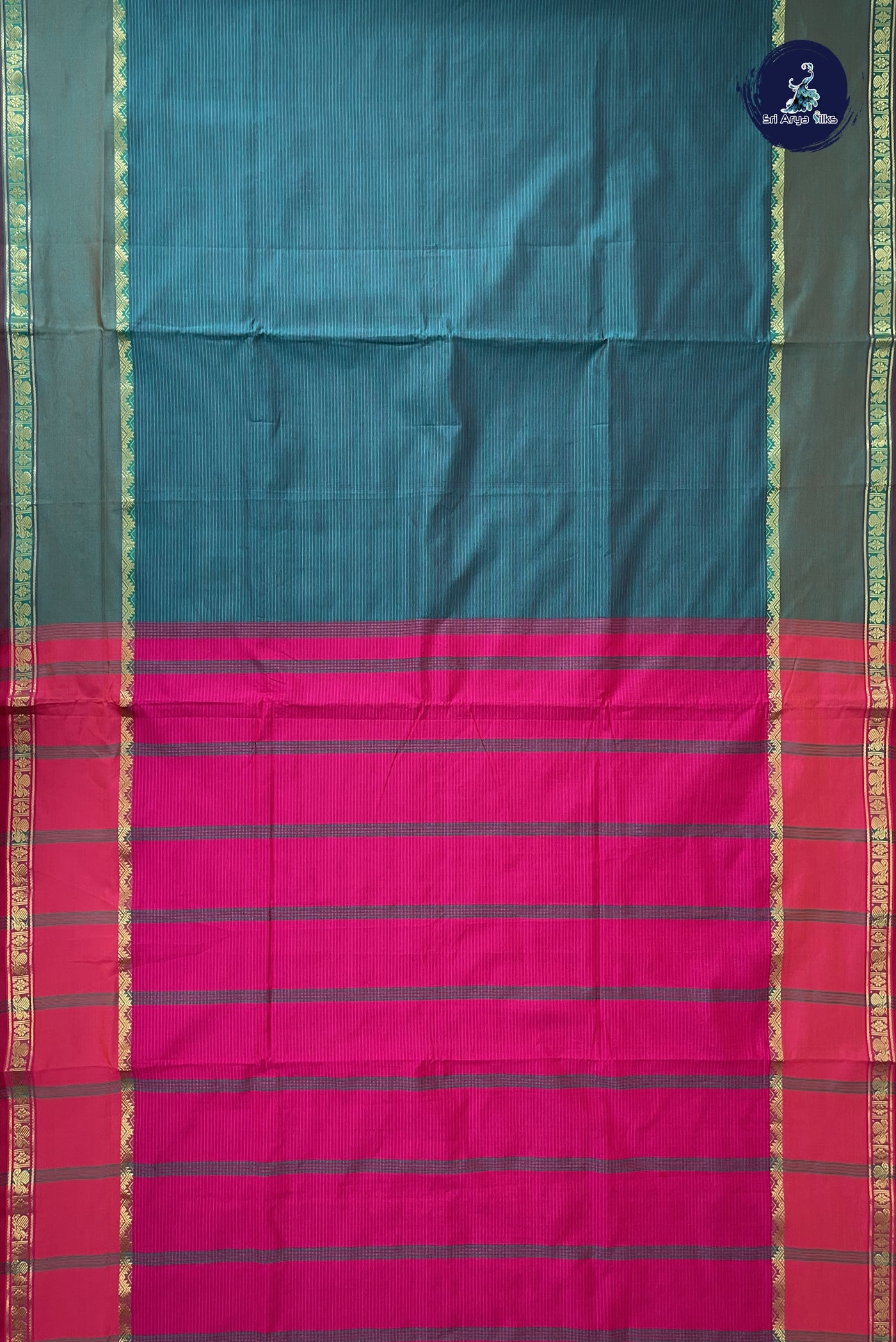 Sapphire Green Madisar Semi Silk Cotton Saree With Doria Lines Pattern