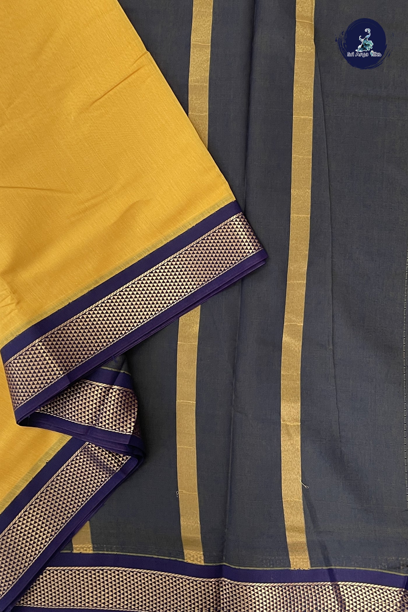 Mustard Yellow Madisar Semi Silk Cotton Saree With Plain Pattern
