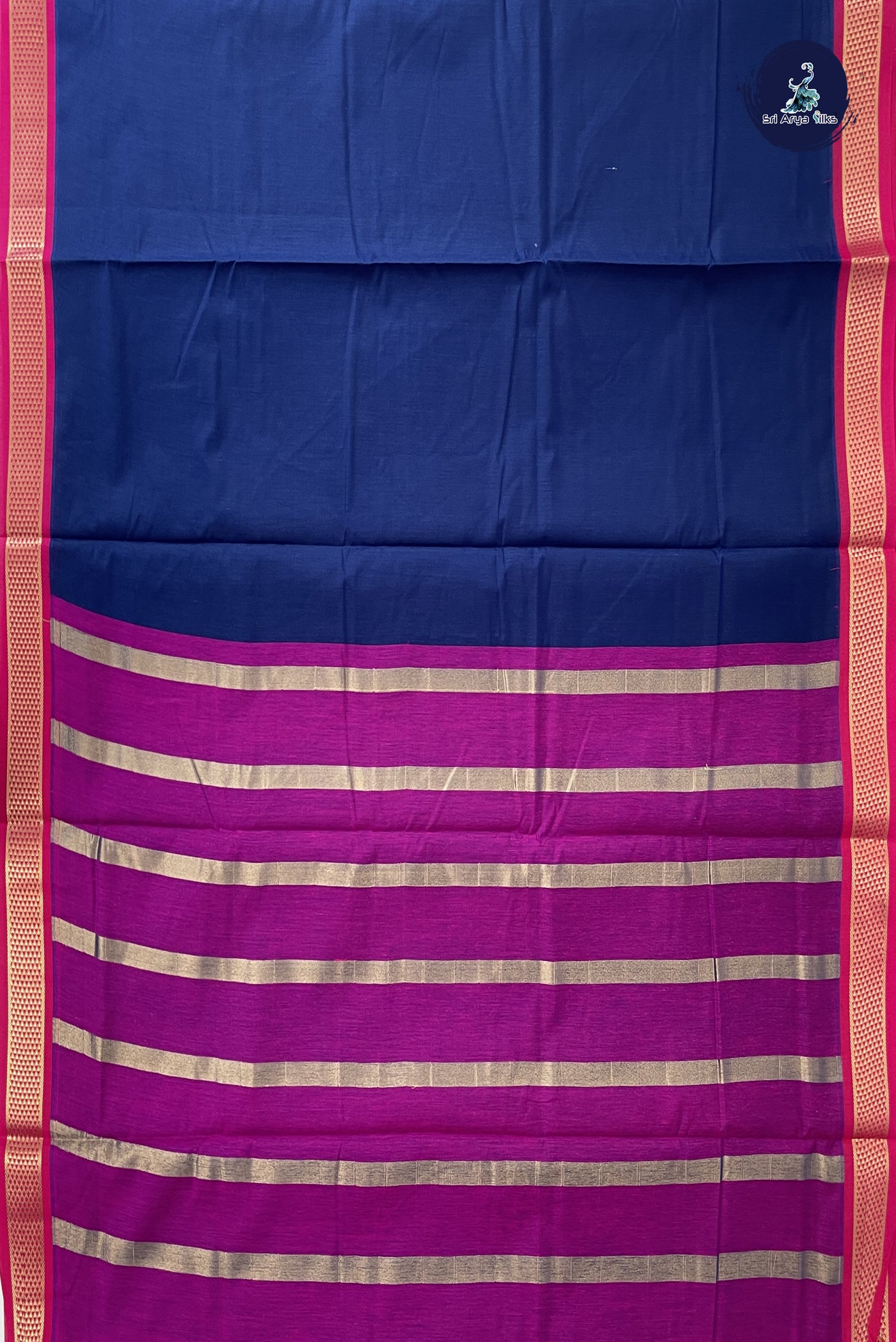 Navy Blue Madisar Semi Silk Cotton Saree With Plain Pattern