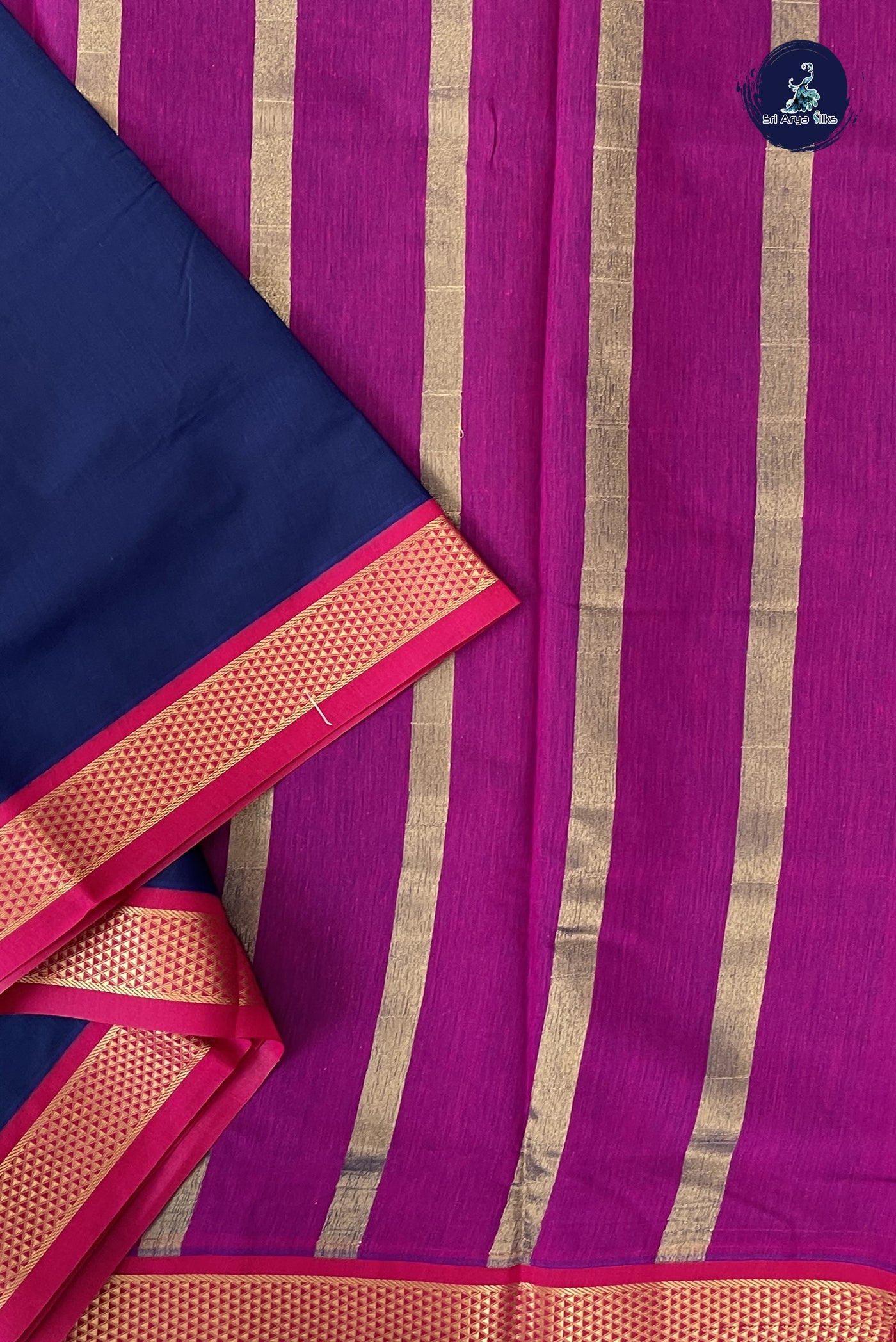 Navy Blue Madisar Semi Silk Cotton Saree With Plain Pattern