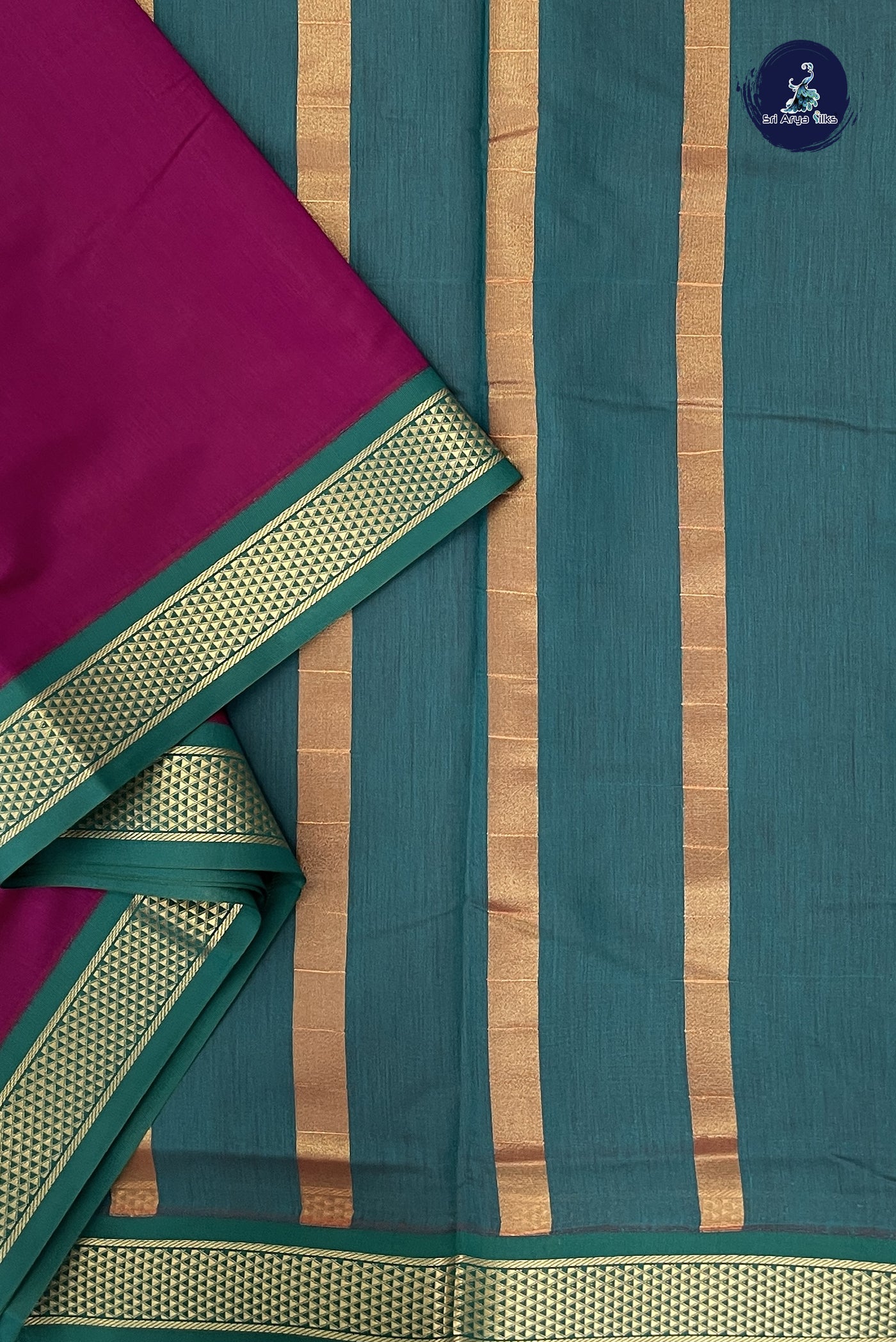 Magenta Purple Madisar Semi Silk Cotton Saree With Plain Pattern