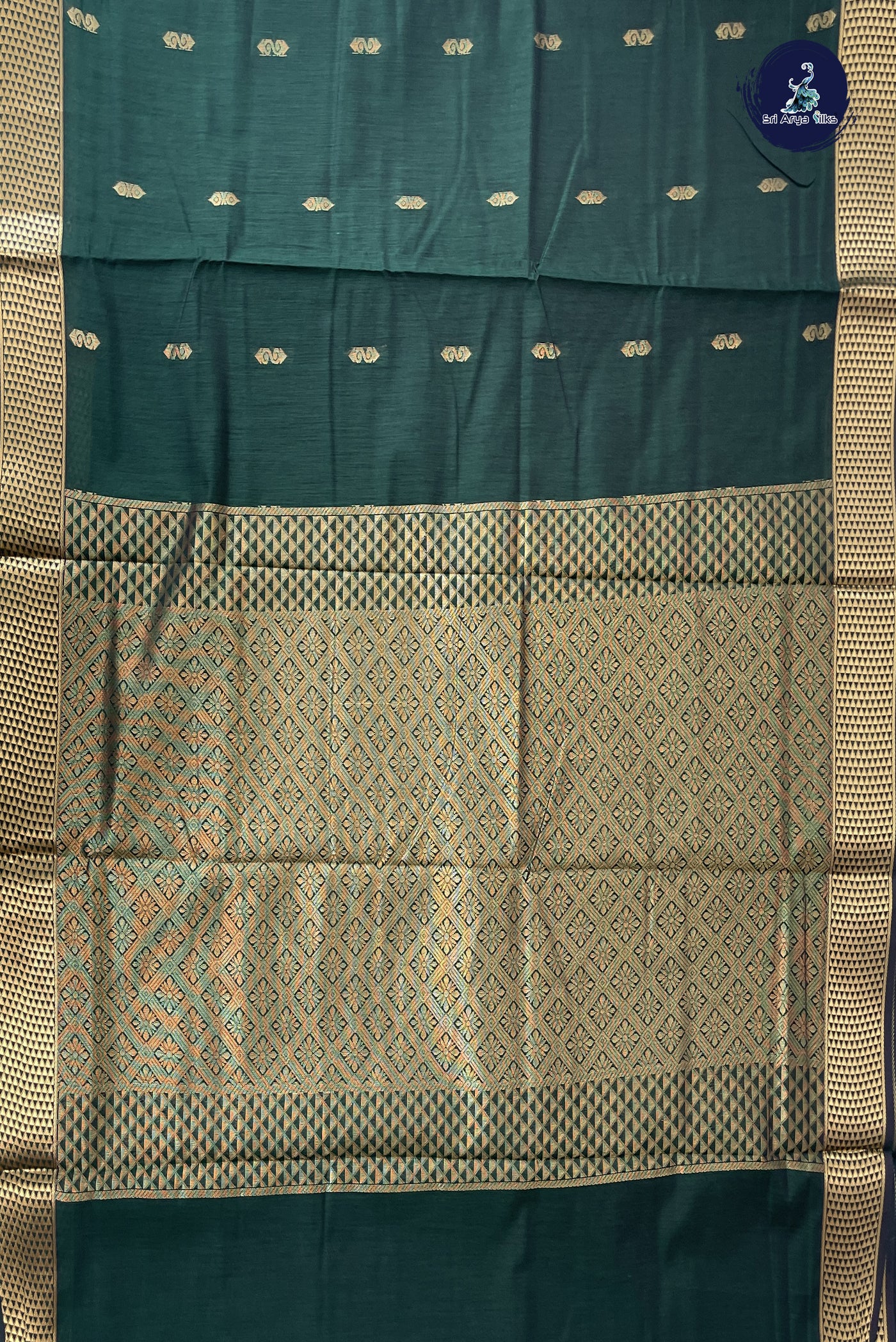 Dark Green Madisar Semi Silk Cotton Saree With Zari Buttas Pattern