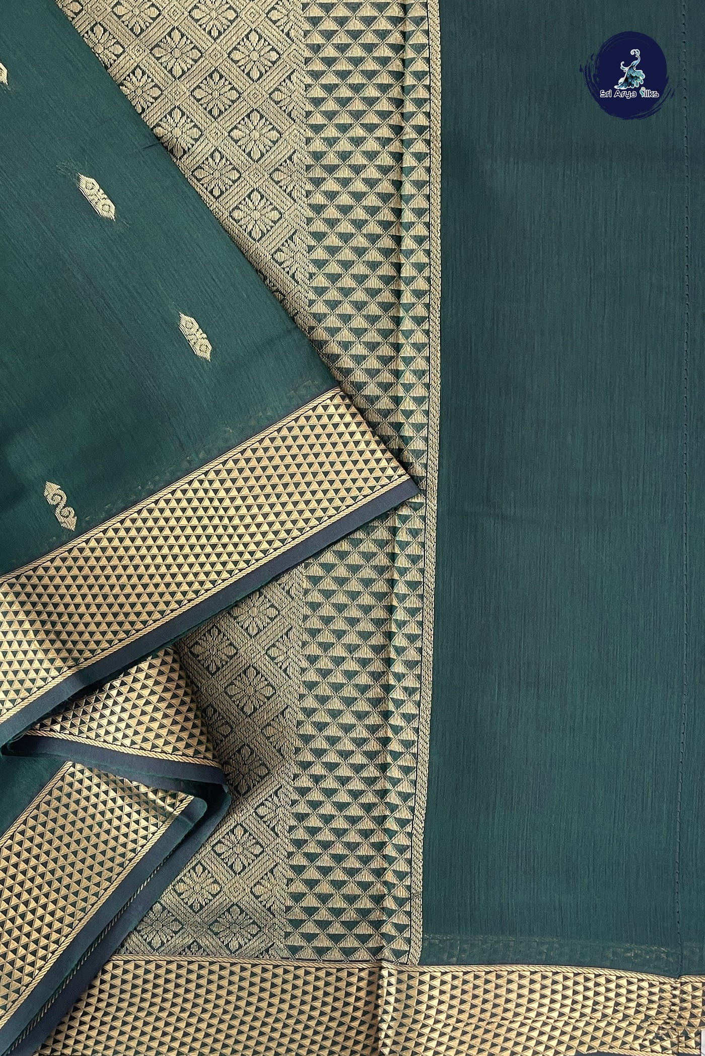 Dark Green Madisar Semi Silk Cotton Saree With Zari Buttas Pattern