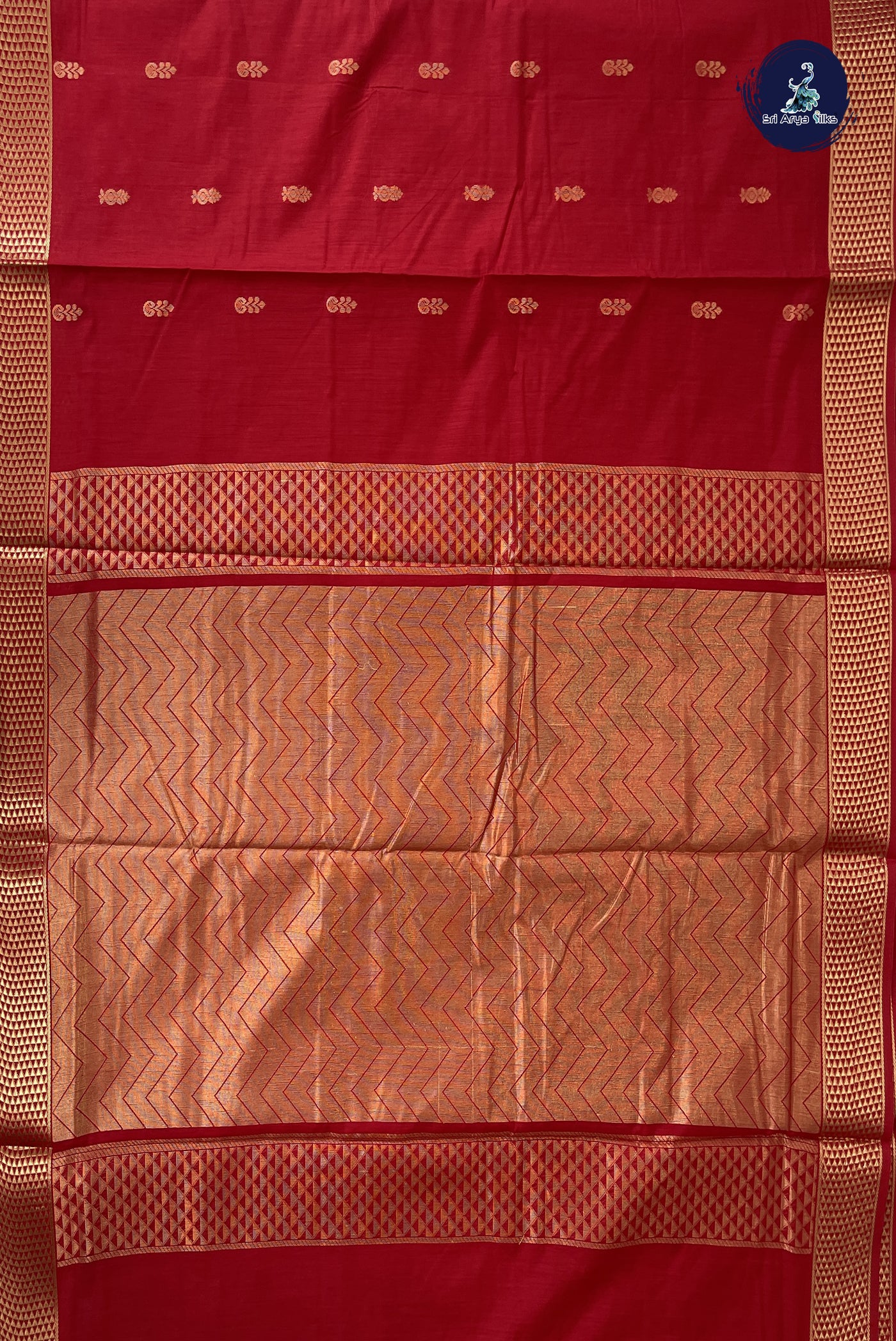 Red Madisar Semi Silk Cotton Saree With Zari Buttas Pattern