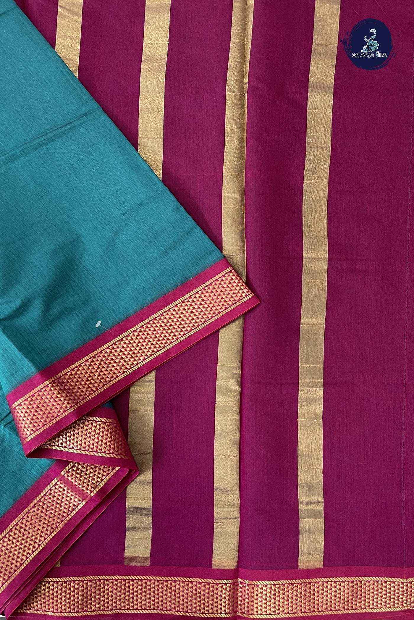 Sapphire Green Madisar Semi Silk Cotton Saree With Plain Pattern