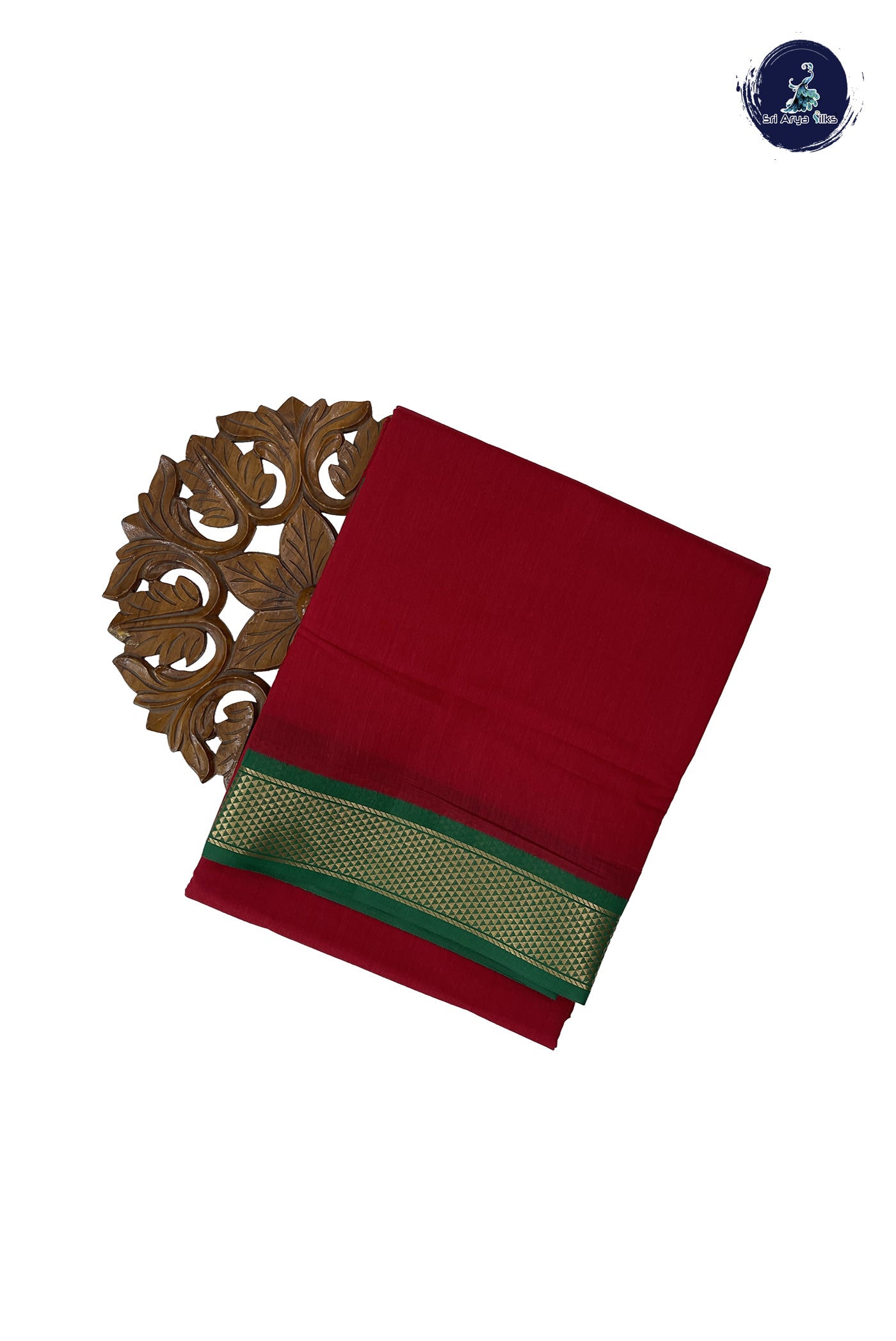 Red Madisar Semi Silk Cotton Saree With Plain Pattern