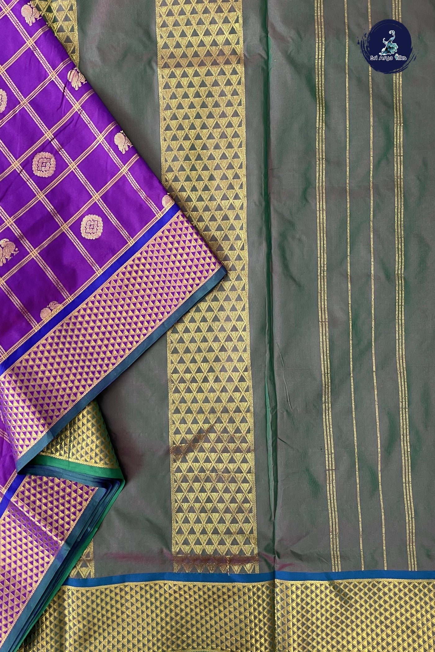 Dual Tone Purple 10 Yards Semi Silk With Zari Checked Pattern