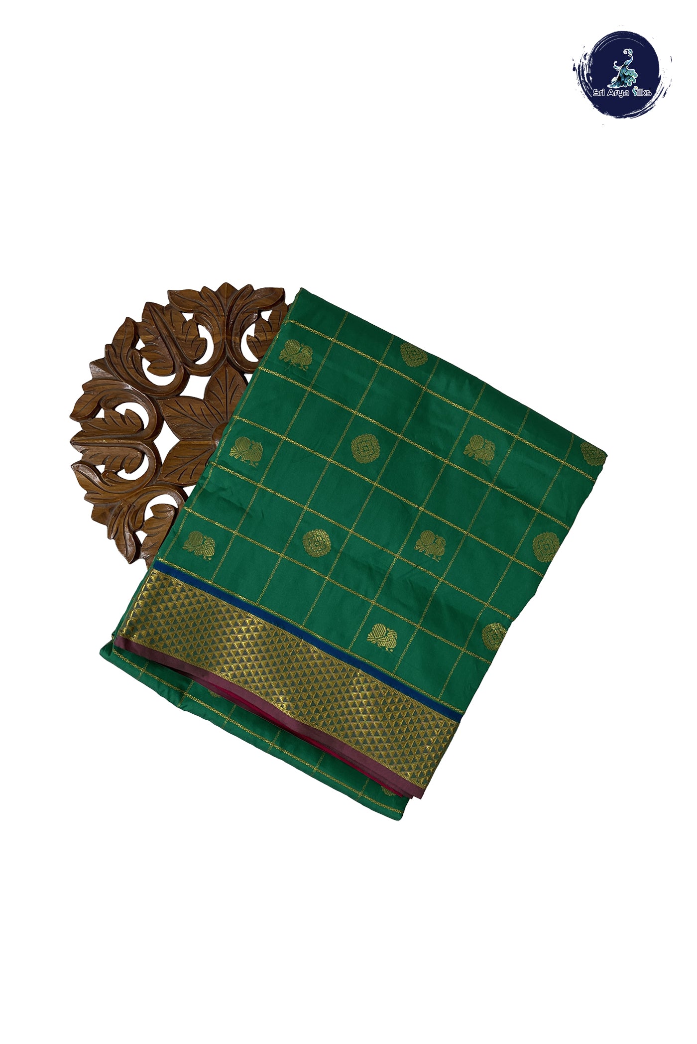 Green 10 Yards Semi Silk With Zari Checked Pattern