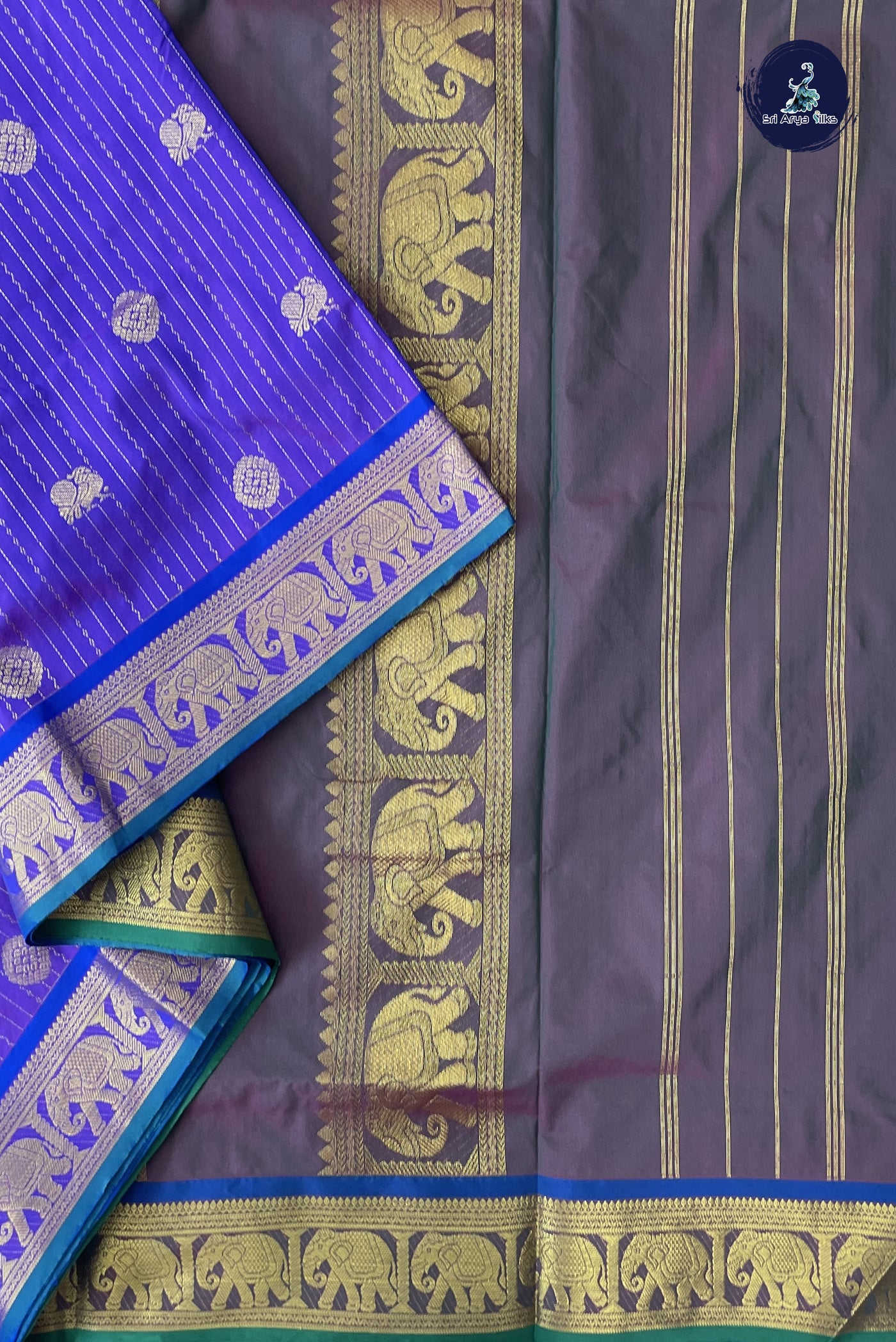 Violet 10 Yards Semi Silk With Stripes Pattern