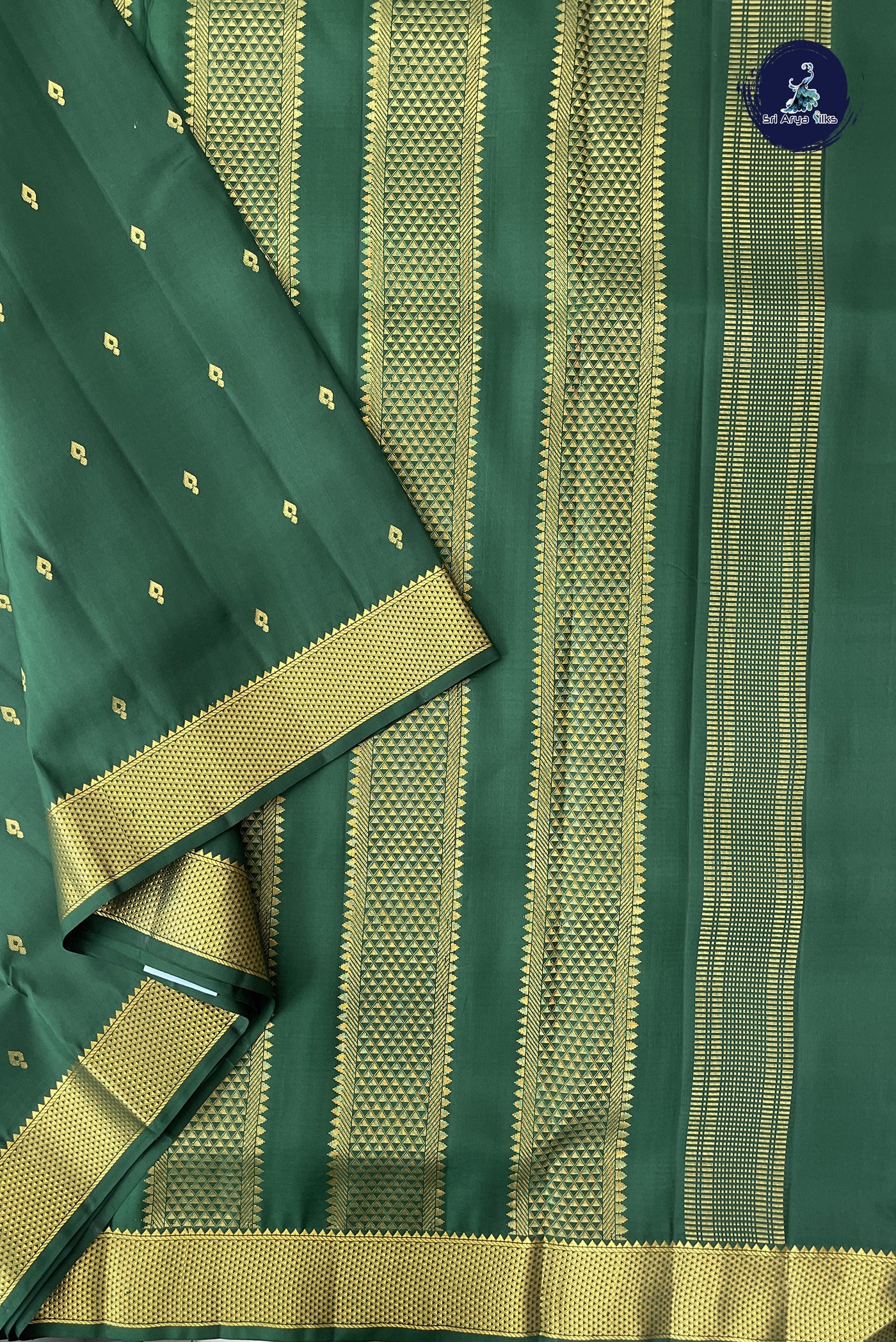 Bottle Green Madisar 10 Yards Silk Saree With Zari Buttas Pattern