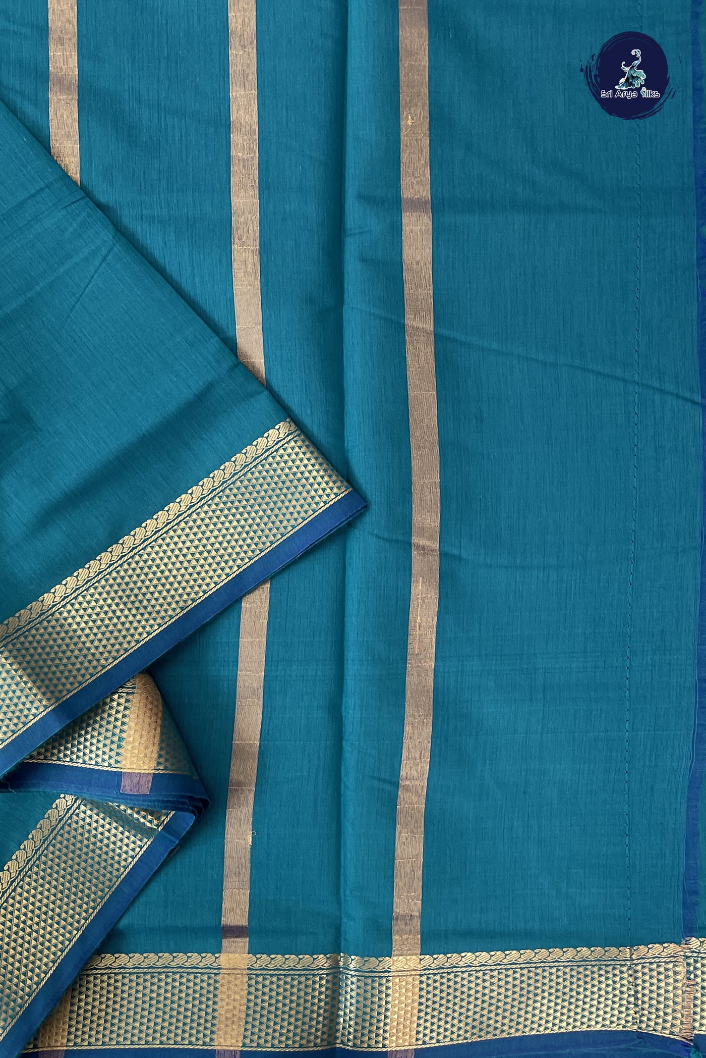 Sapphire Green Madisar Semi Silk Cotton Saree With Plain Pattern
