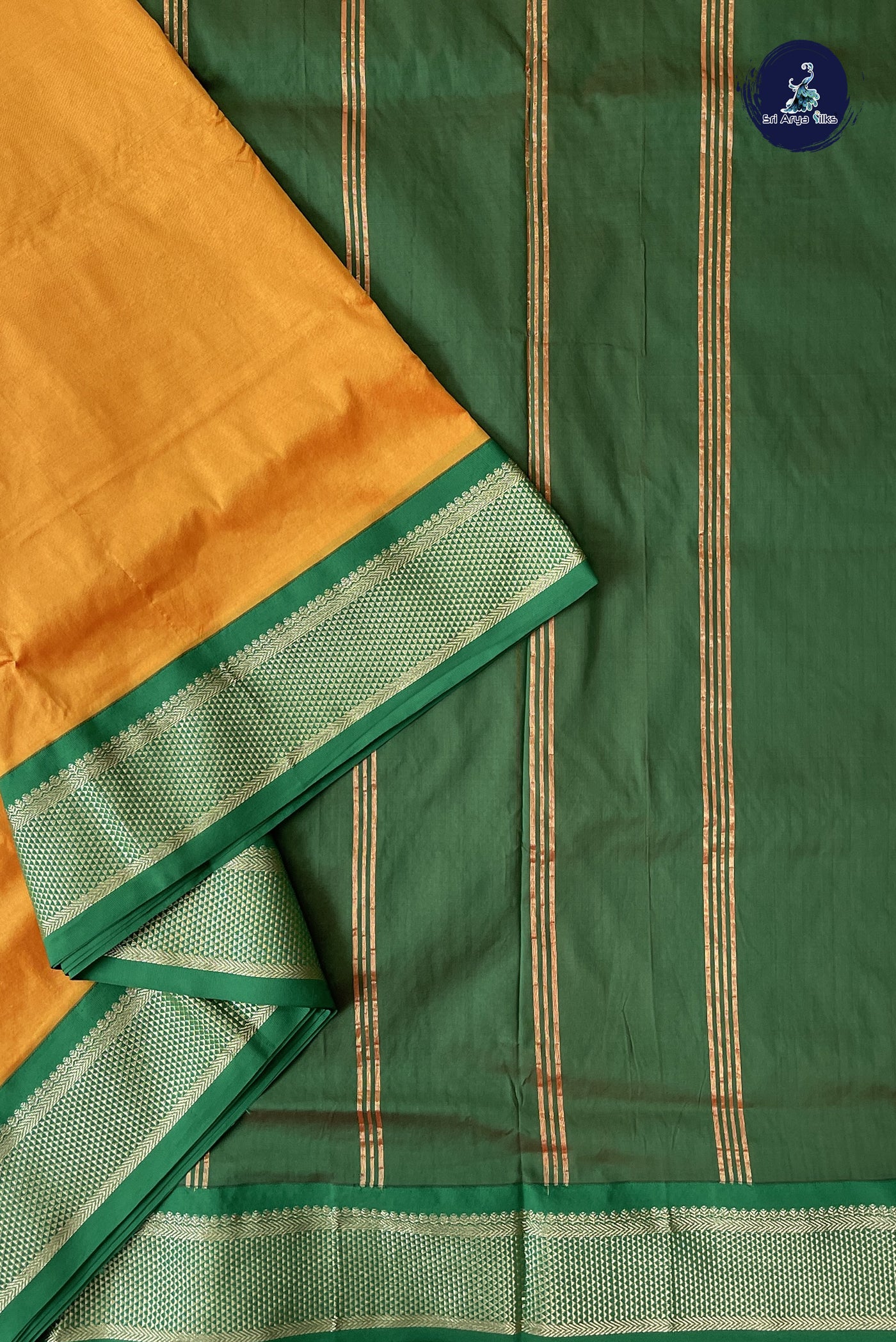 Yellowish Orange Madisar Semi Silk Saree With Plain Pattern