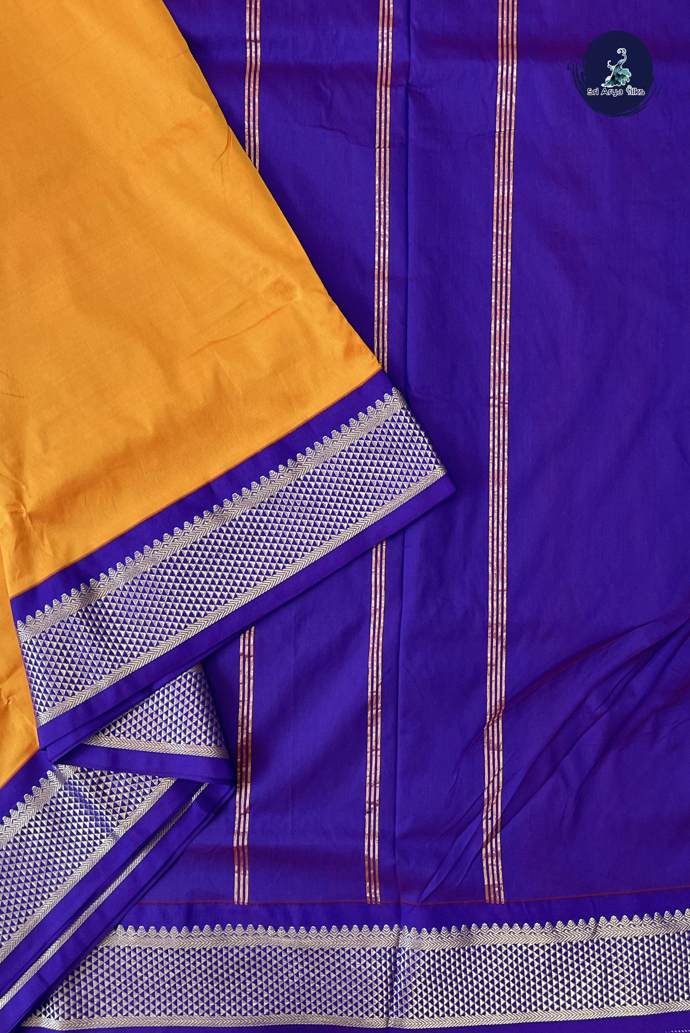 Yellowish Orange Madisar Semi Silk Saree With Plain Pattern
