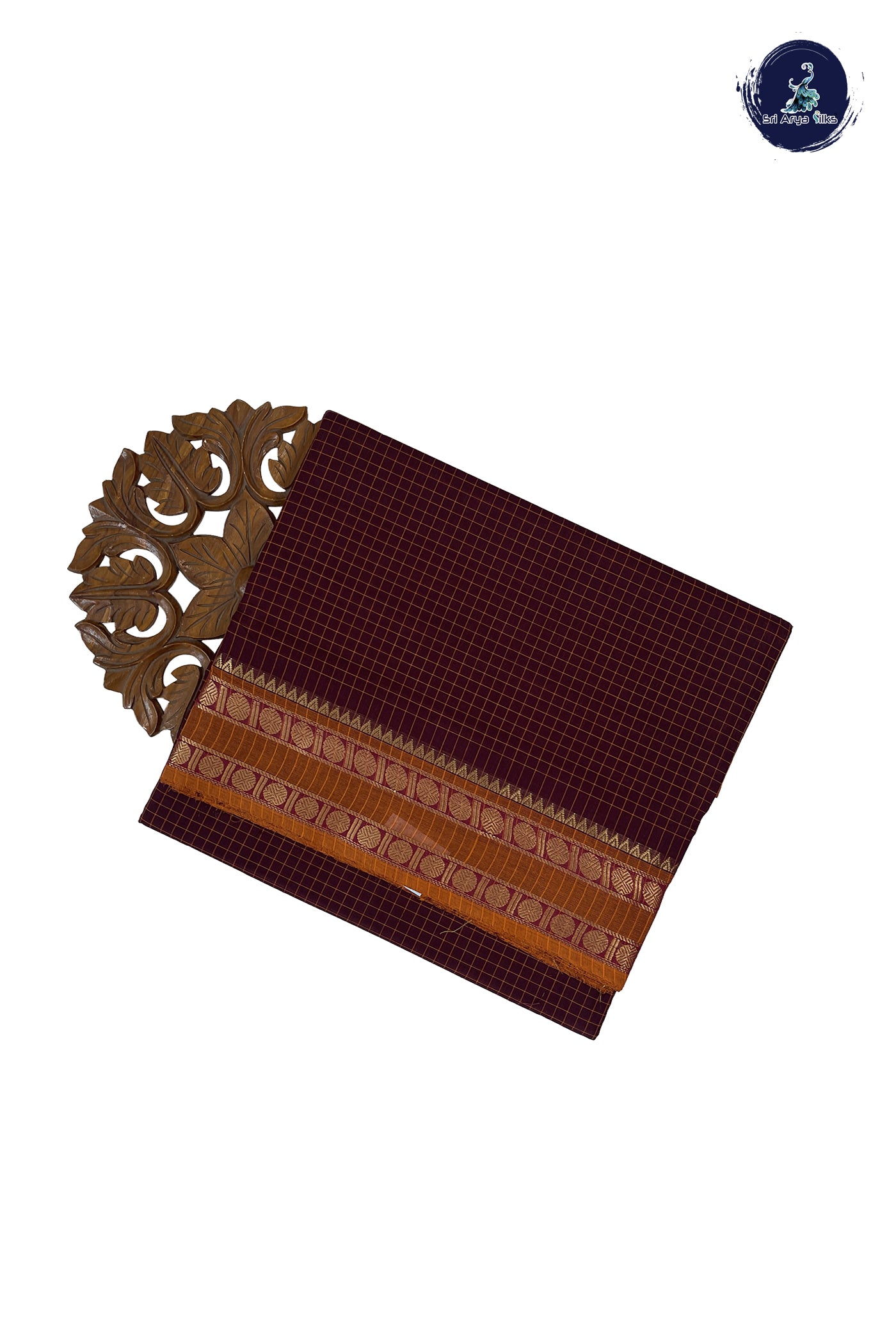 Brown 10 Yards Madisar Cotton Saree With Checked Pattern