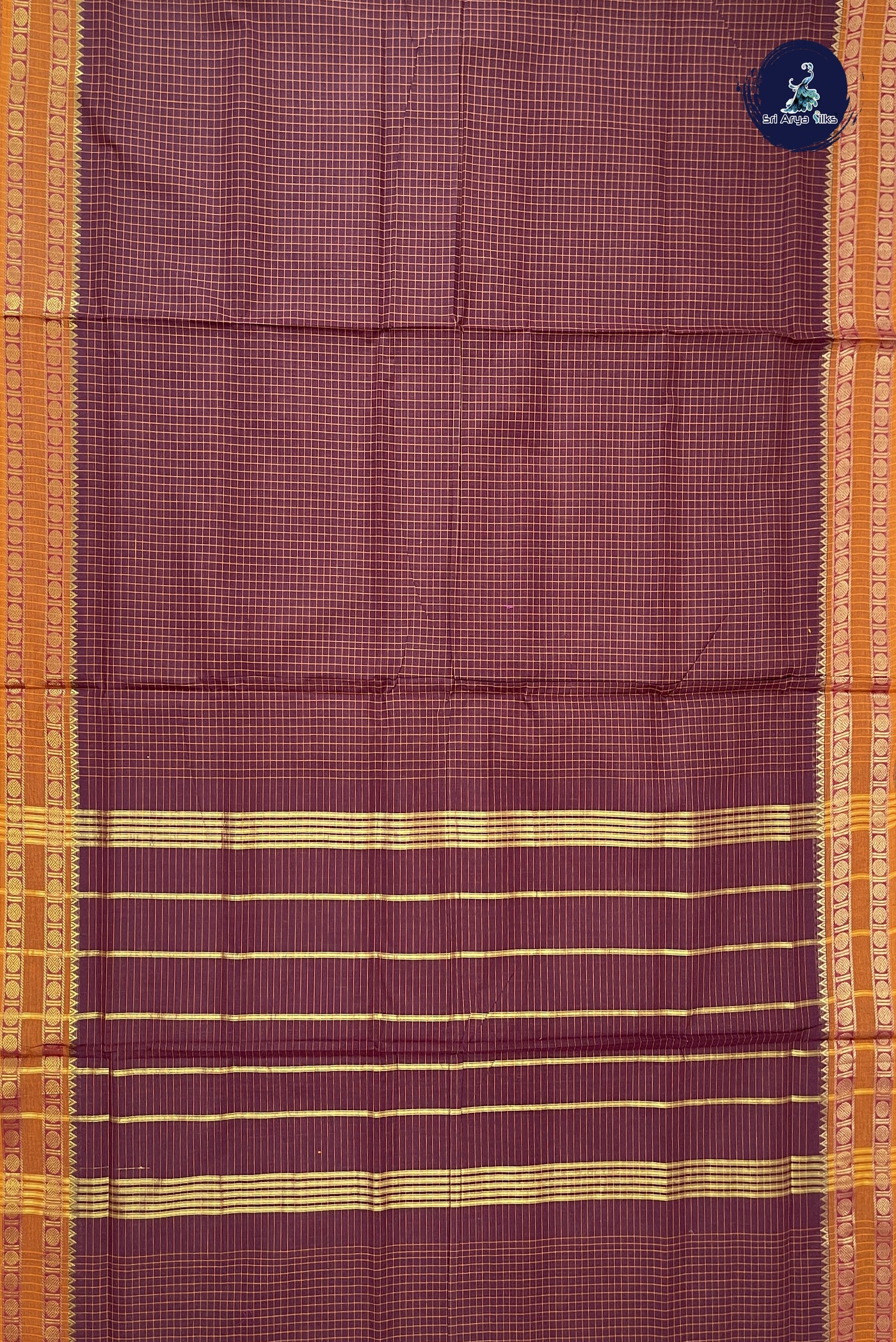 Brown 10 Yards Madisar Cotton Saree With Checked Pattern