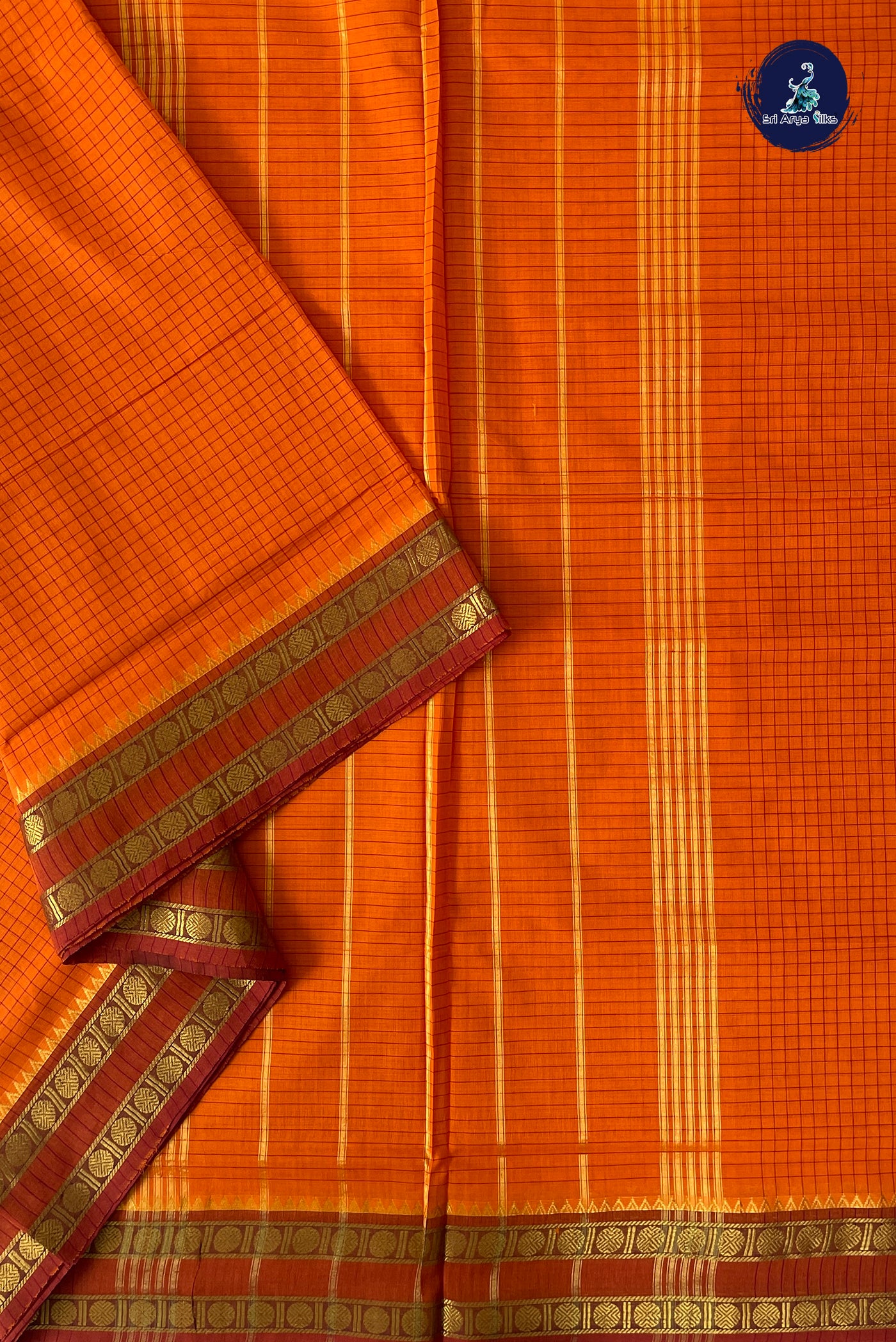 Orange 10 Yards Madisar Cotton Saree With Checked Pattern