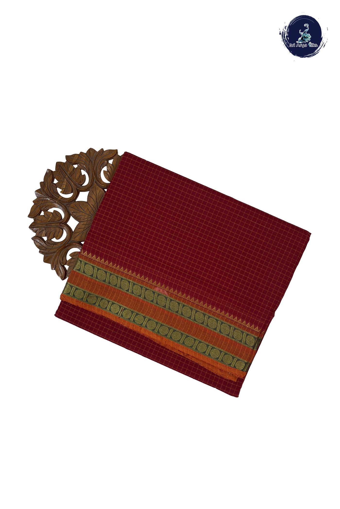 Maroon 10 Yards Madisar Cotton Saree With Checked Pattern