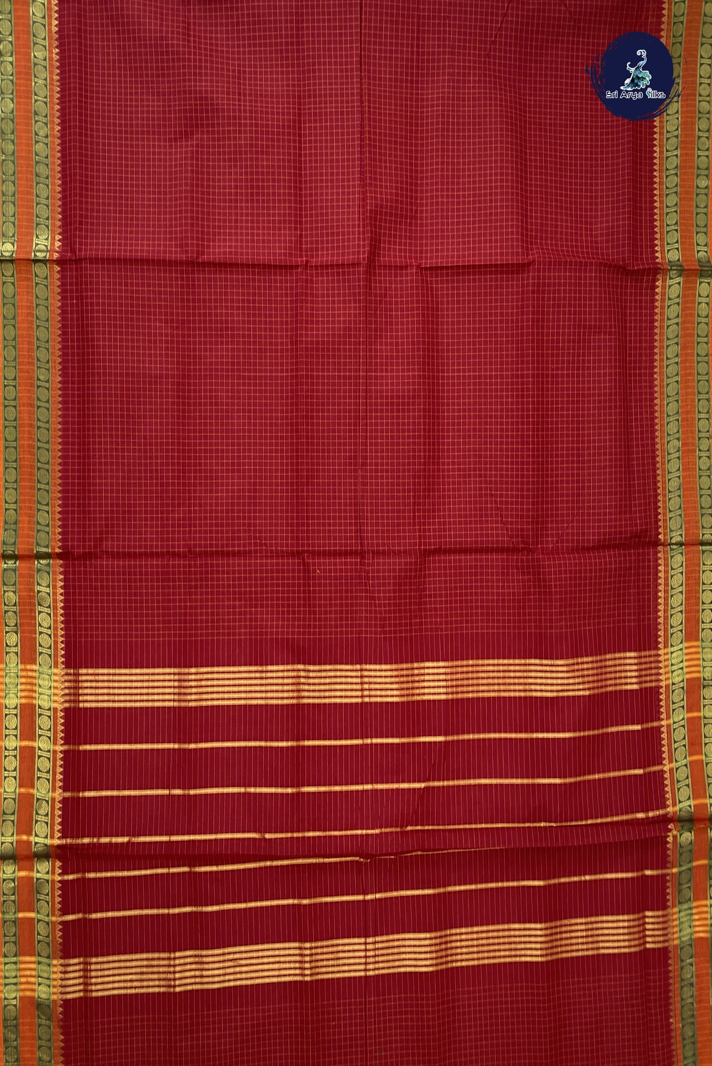 Maroon 10 Yards Madisar Cotton Saree With Checked Pattern