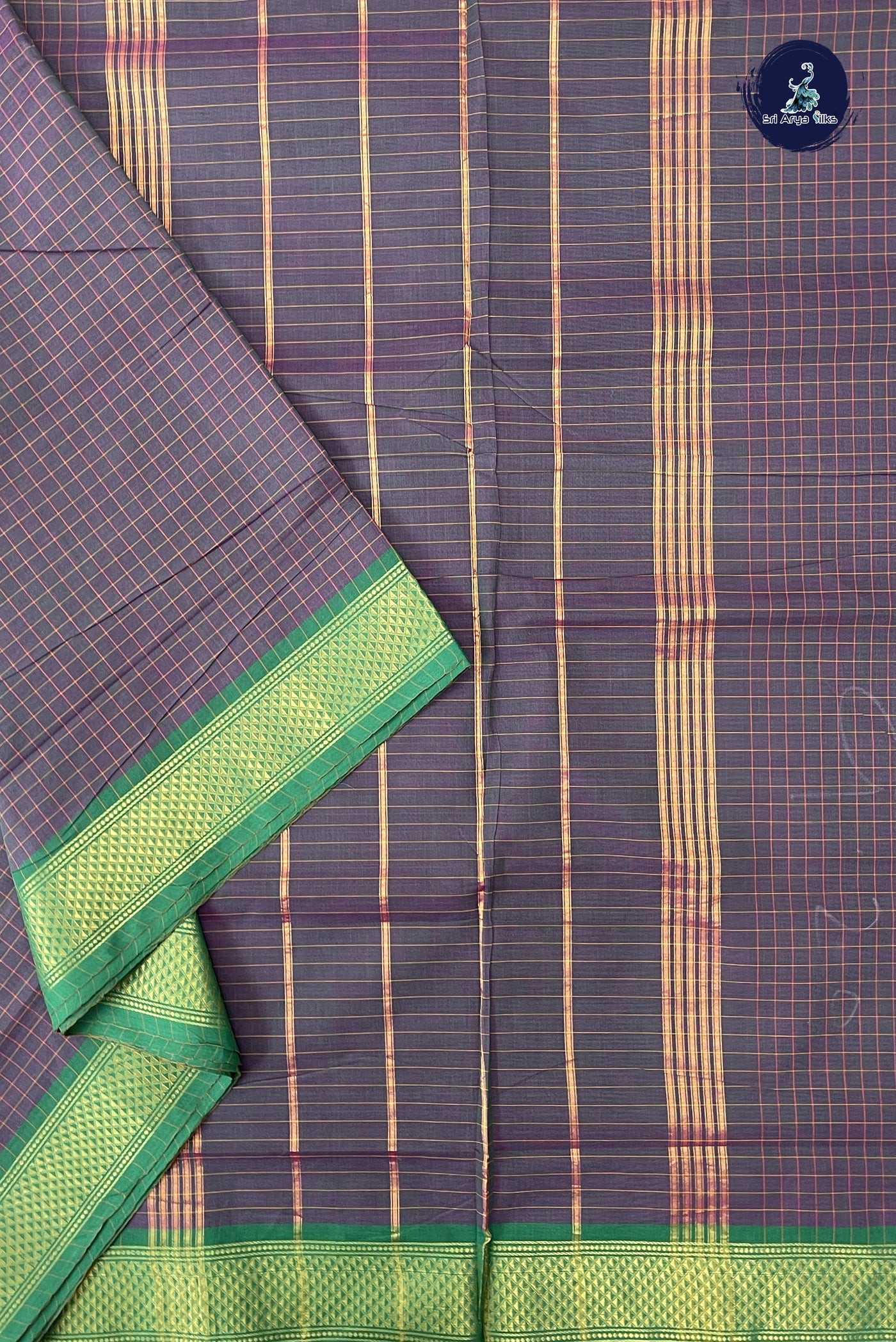 Dual Tone Grey 10 Yards Madisar Cotton Saree With Checked Pattern
