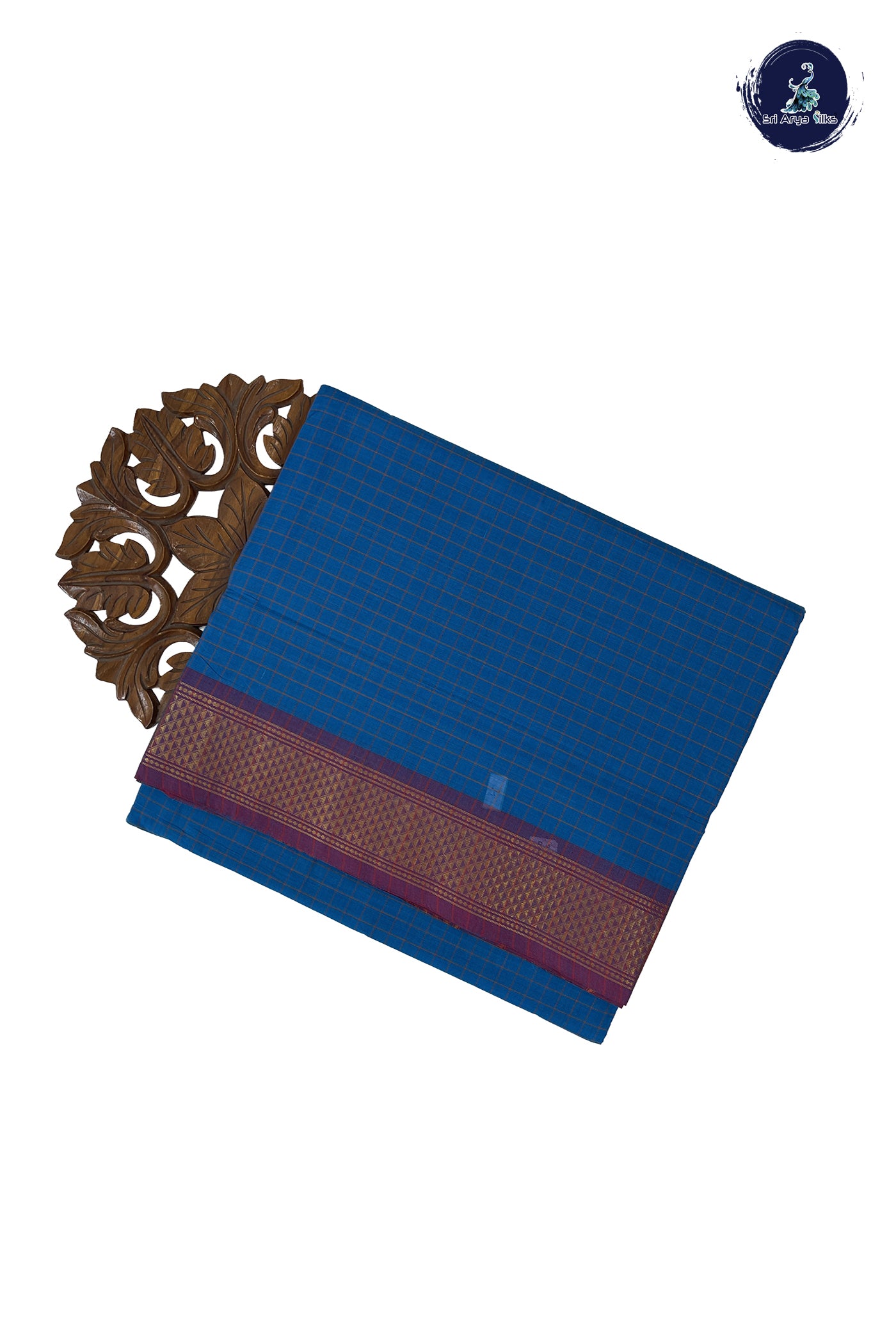 Copper Sulphate Blue 10 Yards Madisar Cotton Saree With Checked Pattern