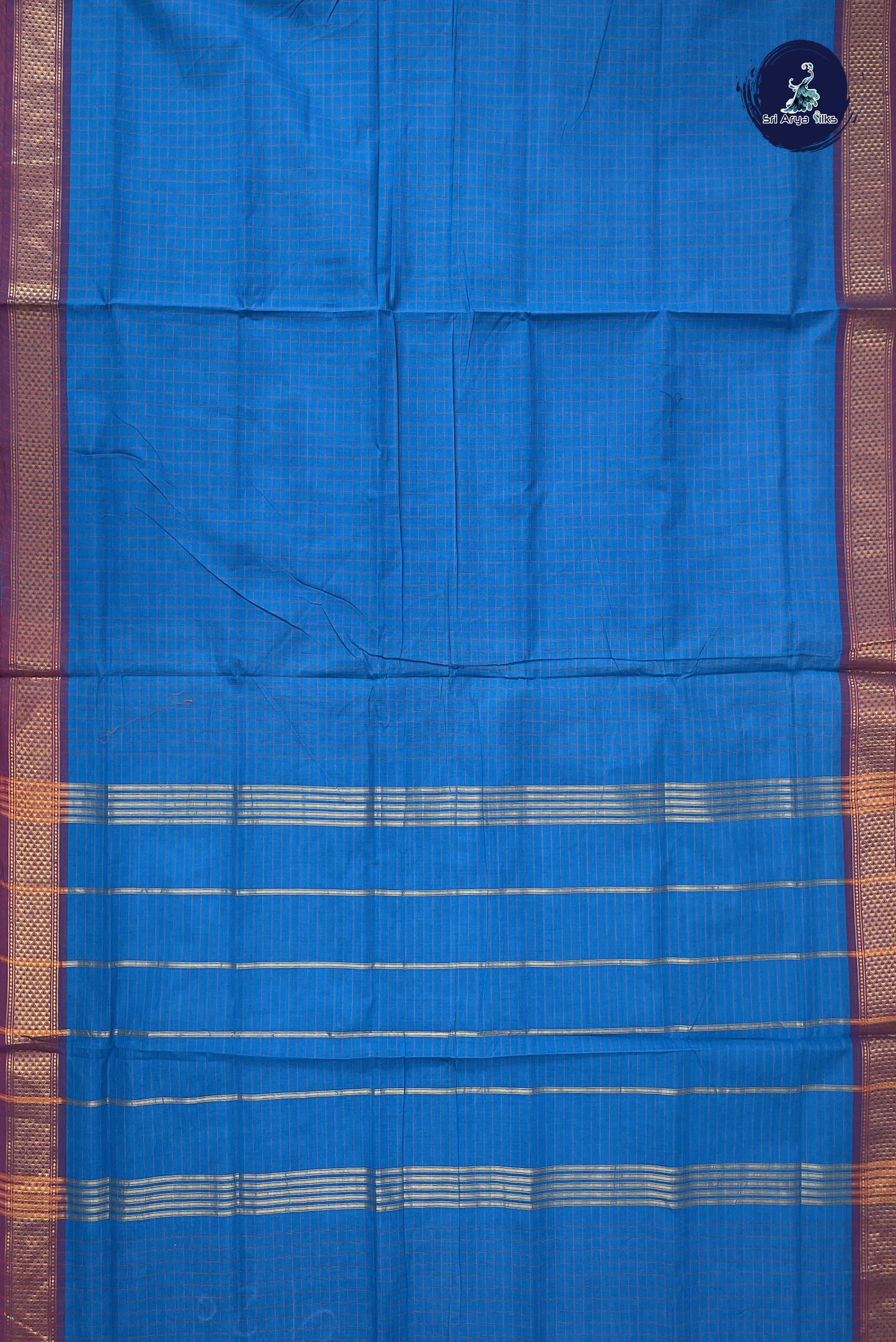 Copper Sulphate Blue 10 Yards Madisar Cotton Saree With Checked Pattern