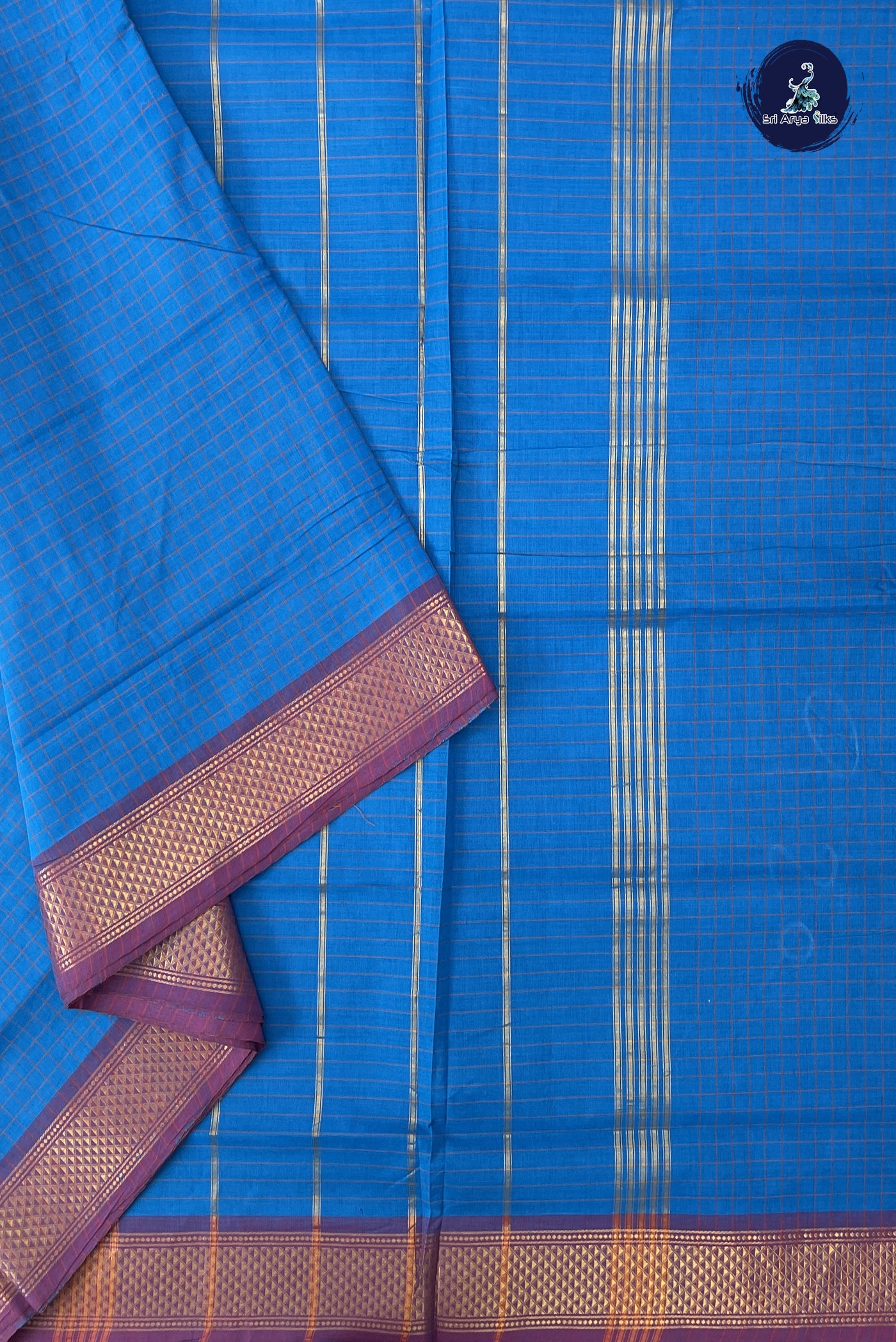 Copper Sulphate Blue 10 Yards Madisar Cotton Saree With Checked Pattern