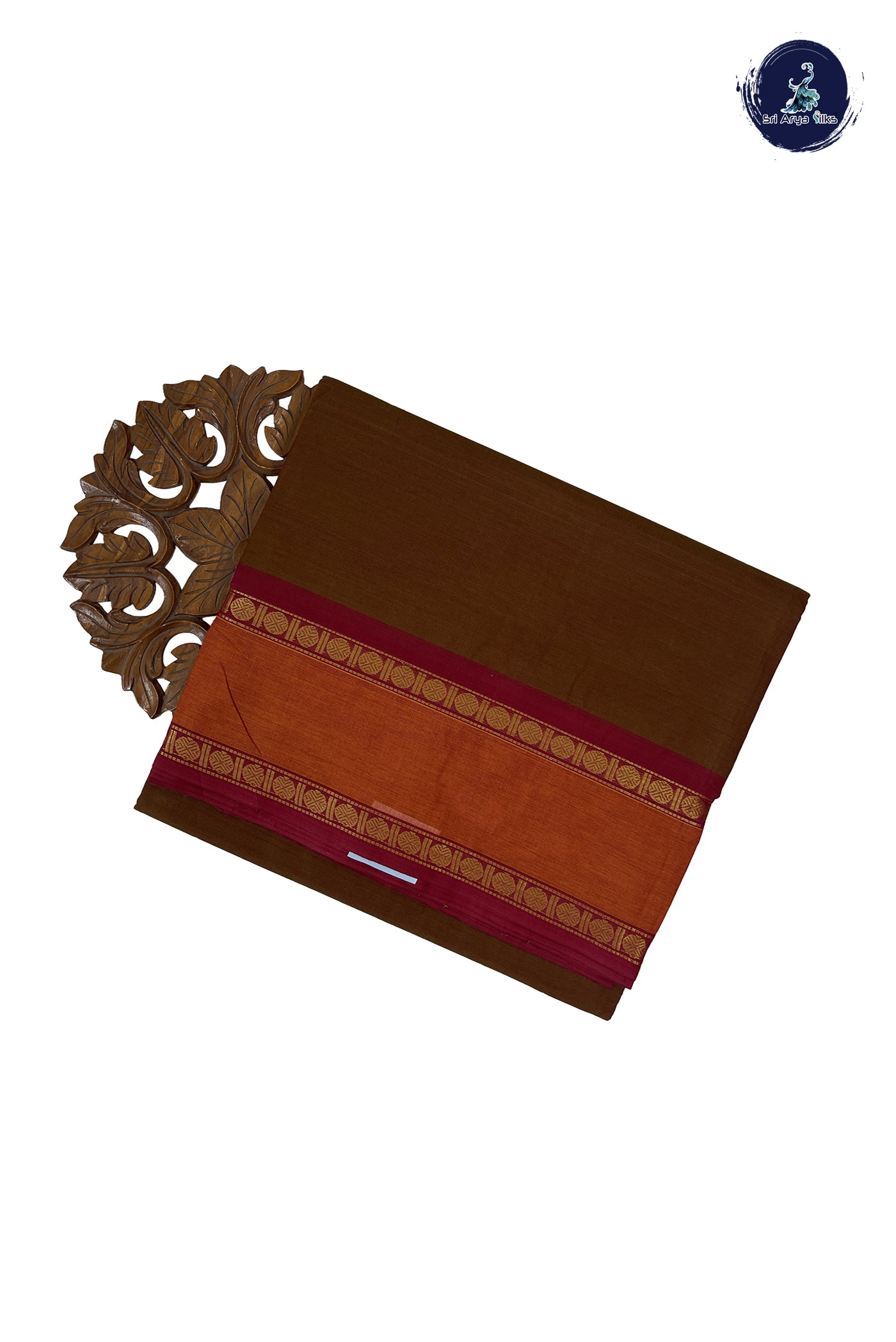 Brown 10 Yards Madisar Cotton Saree With Plain Pattern