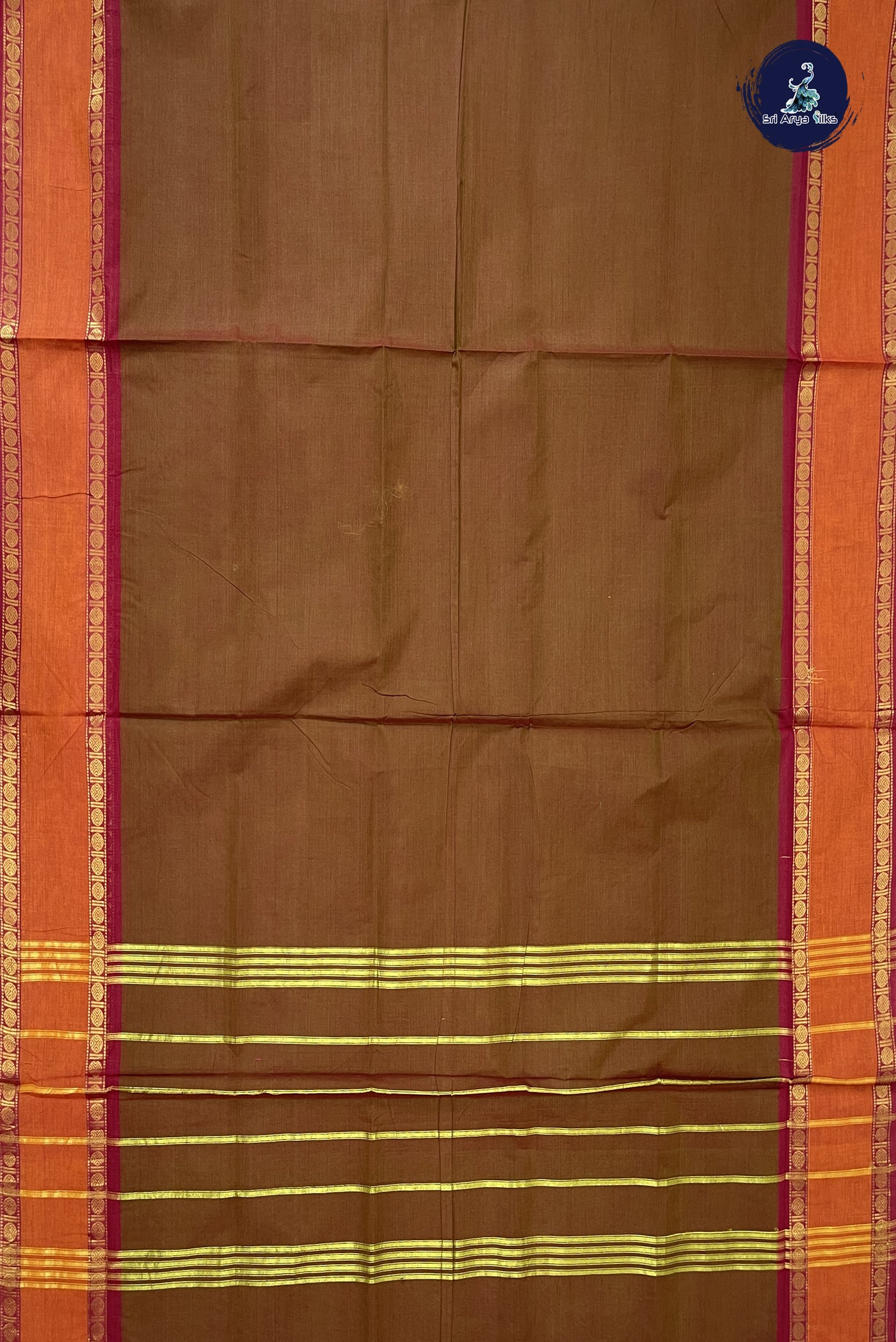 Brown 10 Yards Madisar Cotton Saree With Plain Pattern