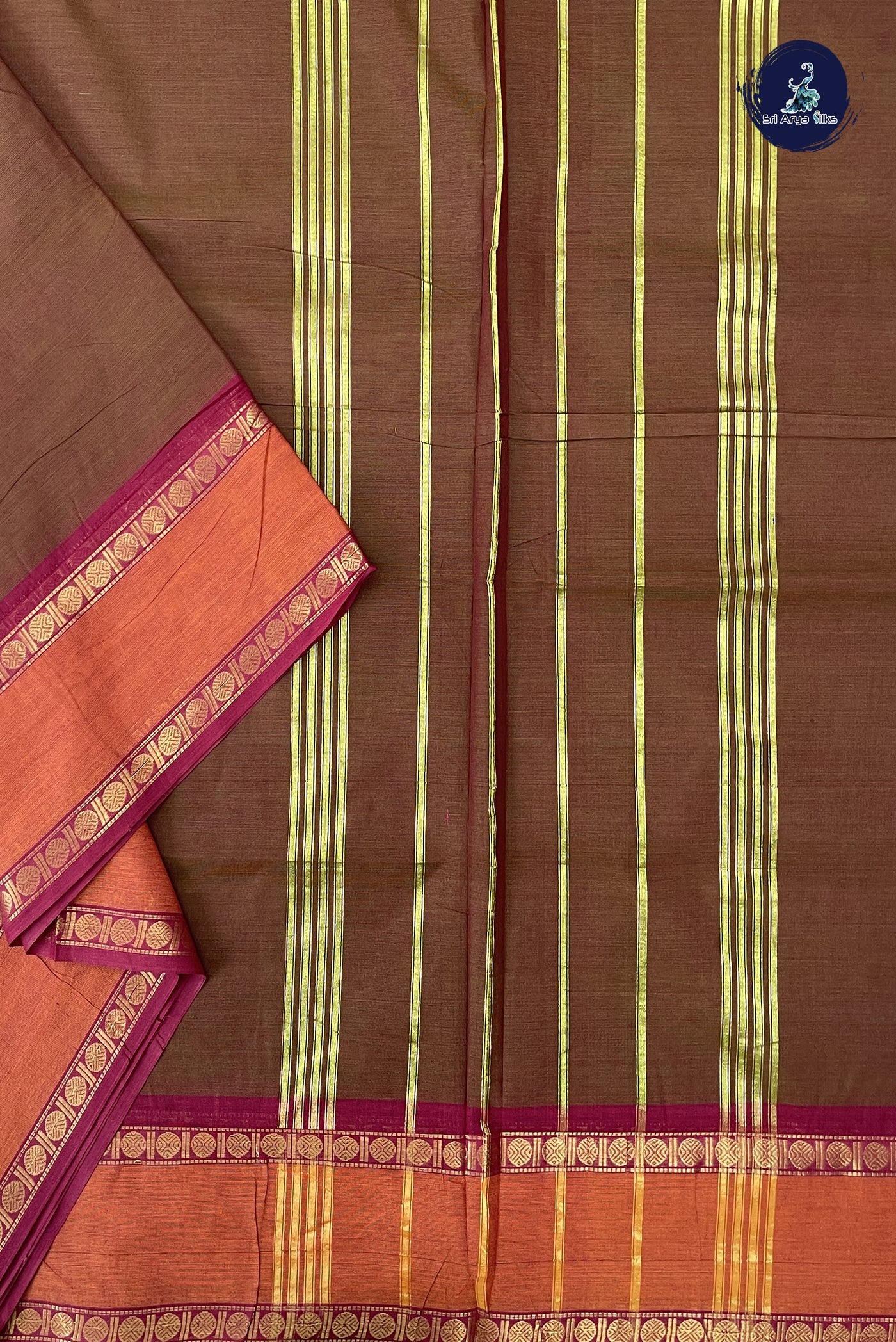 Brown 10 Yards Madisar Cotton Saree With Plain Pattern