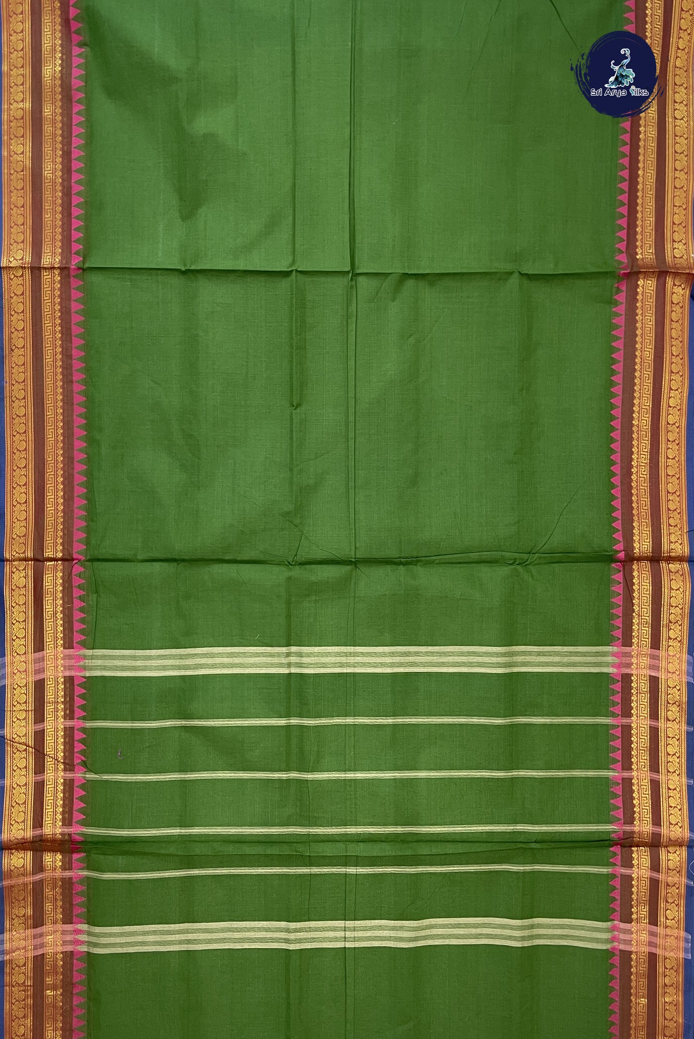 Green 10 Yards Madisar Cotton Saree With Plain Pattern