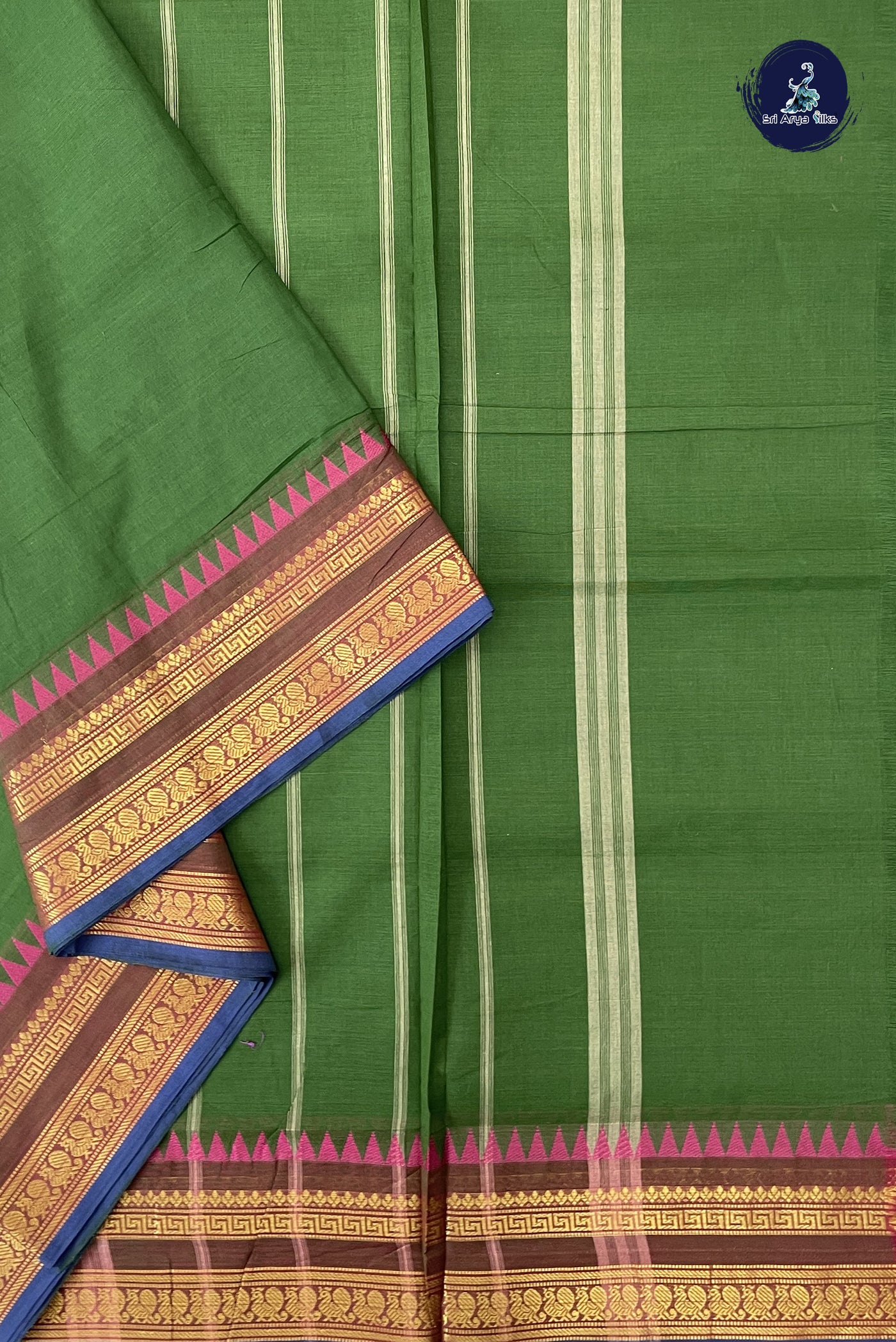 Green 10 Yards Madisar Cotton Saree With Plain Pattern