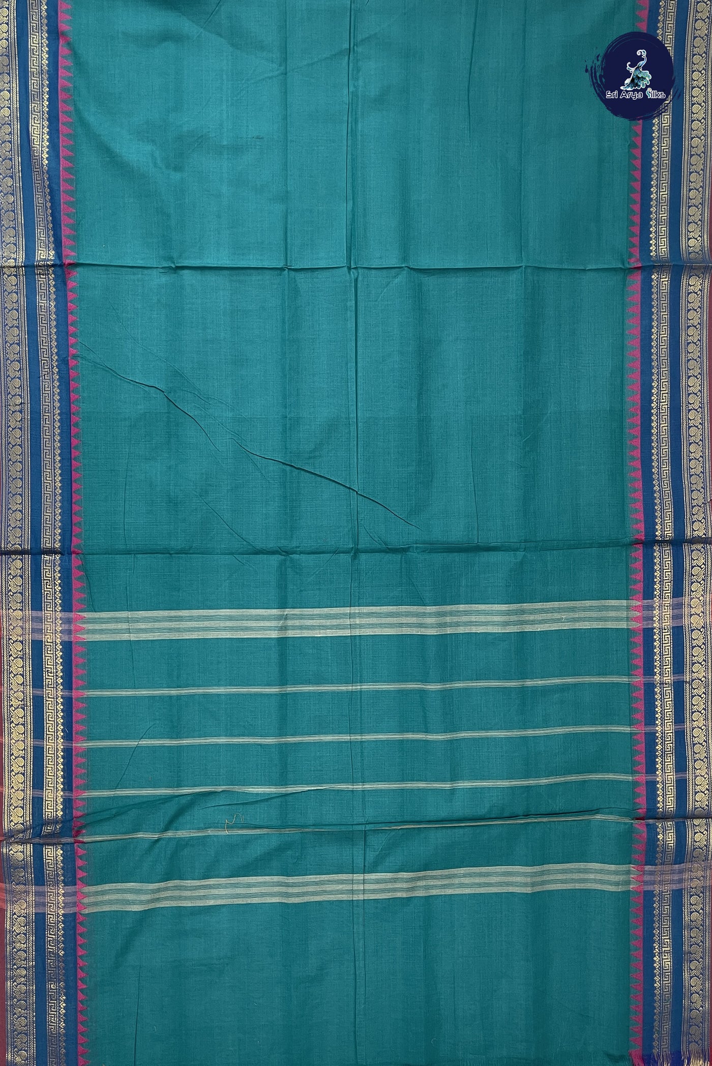 Teal Blue 10 Yards Madisar Cotton Saree With Plain Pattern